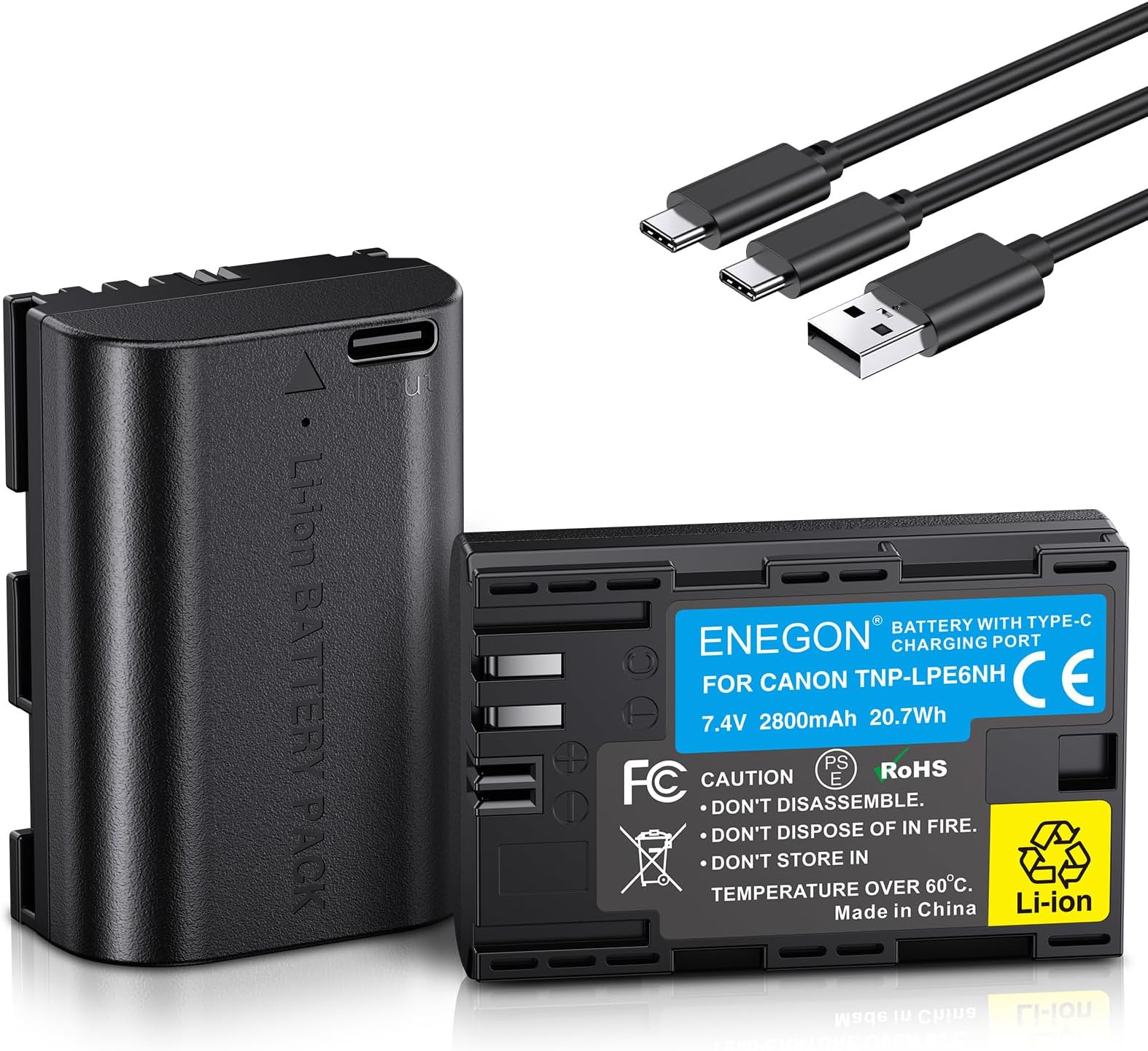 ENEGON LP-E6NH Type C Charging Port Battery(2 * 2800mAh) with Charging Cable for Canon EOS R7, R5, R6, R, 5D Mark II/III/IV, 5DS R, 6D, 6D Mark II, 7D, 7D Mark II, 90D, 60D, 70D, 80D