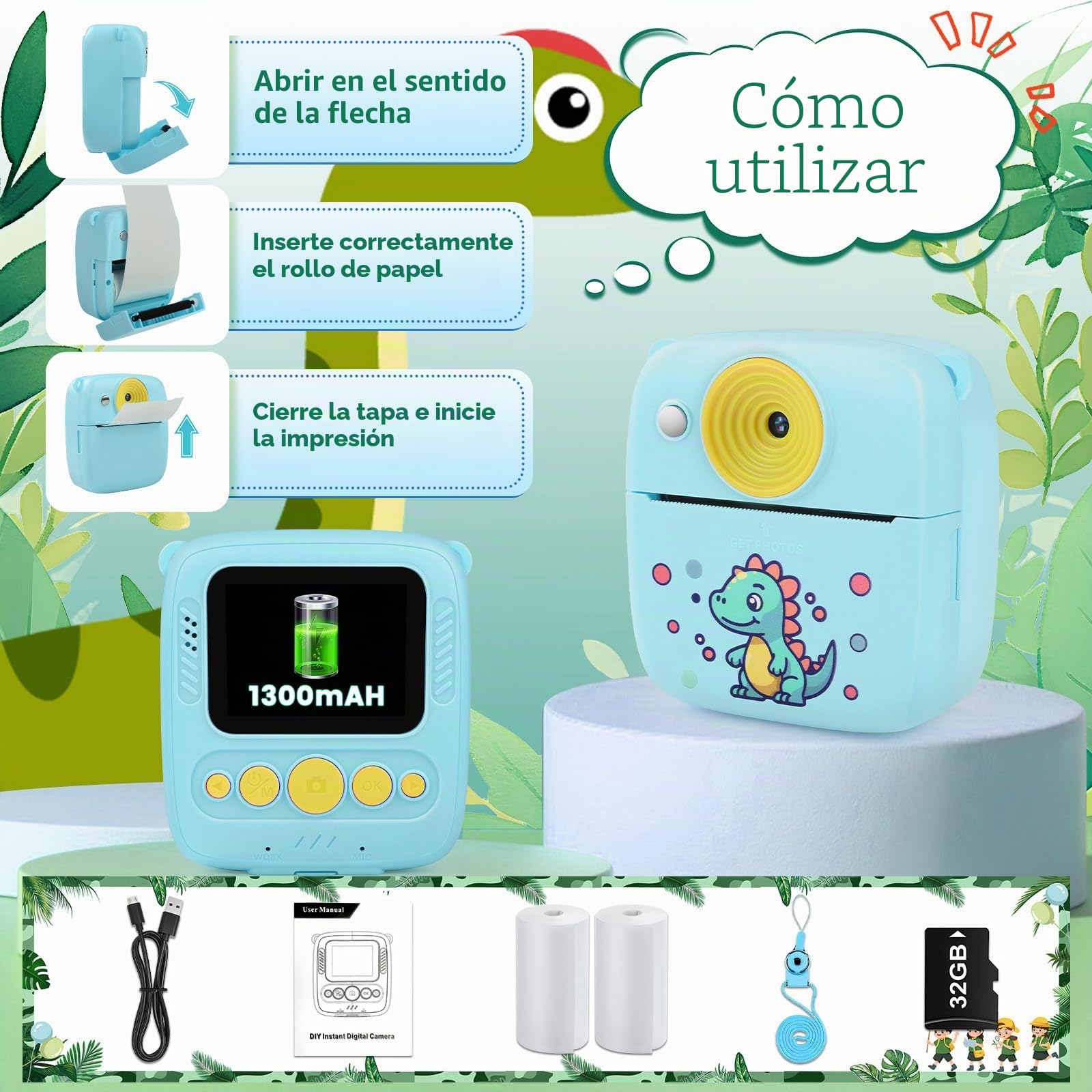 Dhapy Camara Fotos Infantil Instantanea, Cámara De Fotos Infantil De 48 MP con Papel De Impresión Y Tarjeta TF De 32 GB, Camara Fotos Instantaneas 1080P, Regalo Niños Y Niñas De 3 4 5 6 7 8 Años Azul