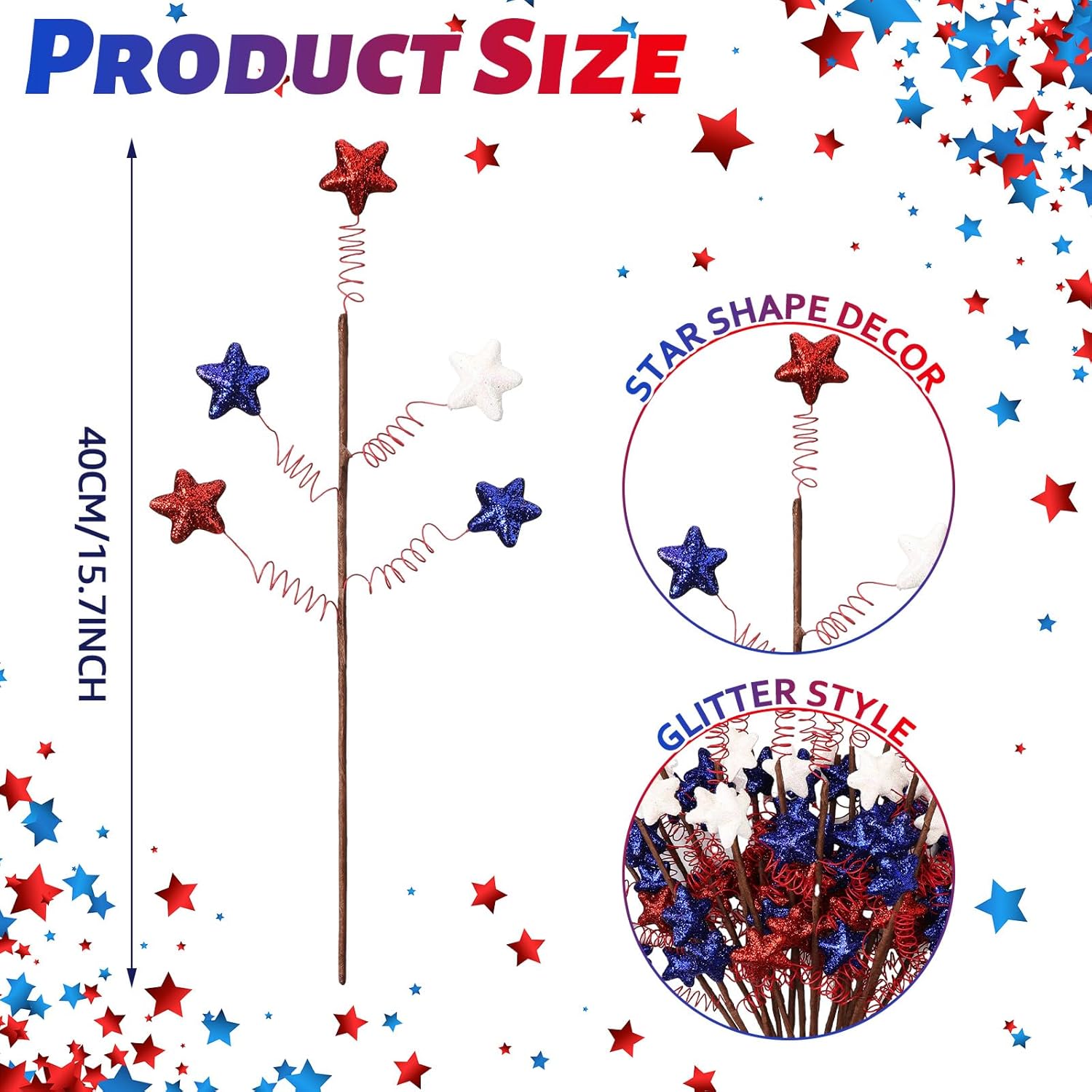 20 Pcs 250th Anniversary USA Patriotic Artificial Star Stem Picks Glitter Memorial Day 16.1 Inch White Blue Red Stars Picks and Sprays for Independence Labor Day Wedding Home Party Decor