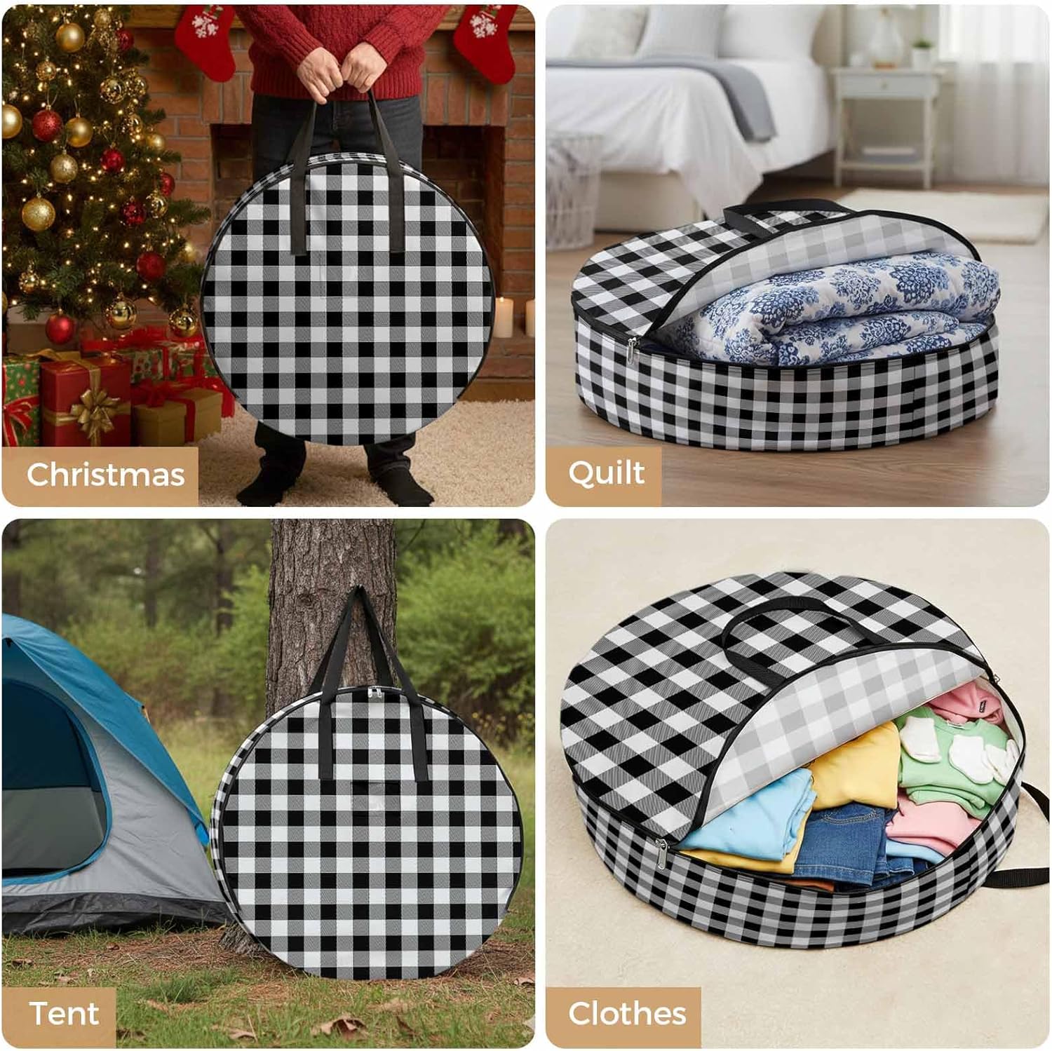 Black White Round Storage Bag 36 Inch, Buffalo Plaid Clothes Storage Container with Handles Heavy Duty Organizer for Comforter, Bedding & Holiday Wreaths