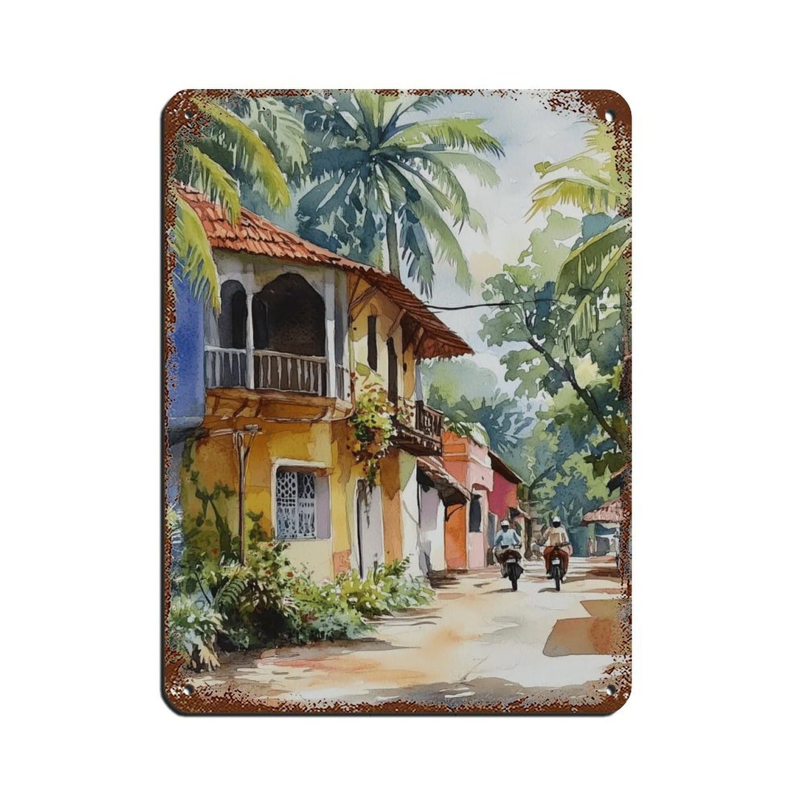 Utgn Style Goa Art, India Watercolor Painting Tin Sign Vintage Metal Pub Club Cafe Bar Home Wall Art Decoration Poster Retro 12X16inch(30X40cm)