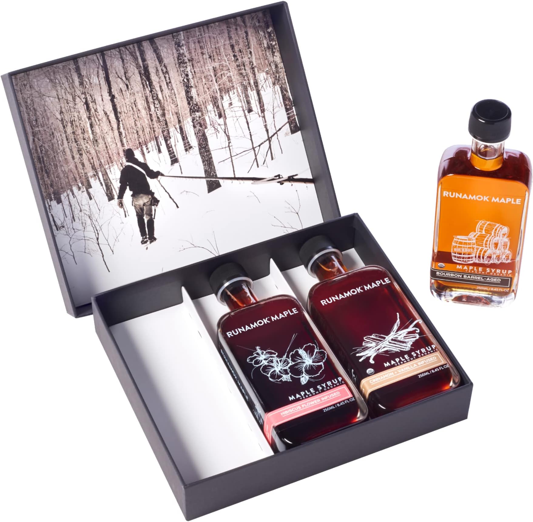 Runamok Maple Syrup Gift Box | Oprah's Favorite | Special Present For Holidays | Bourbon Barrel-Aged, Hibiscus Flower & Cinnamon+Vanilla Infused | 3 Bottles of Real Maple Syrup | 8.45 Fl Oz (250mL)