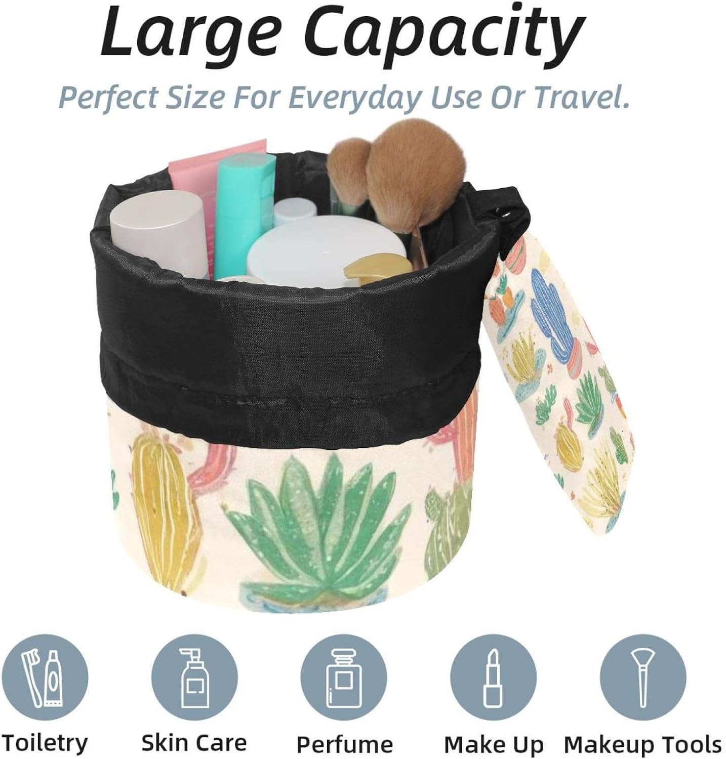 2PCS Colorful Cactus-10 Travel Cosmetic Bag Makeup Organizer: Stylish Bathroom Cases with Drawstring, Cylindrical & Small Toiletry Bag image 2
