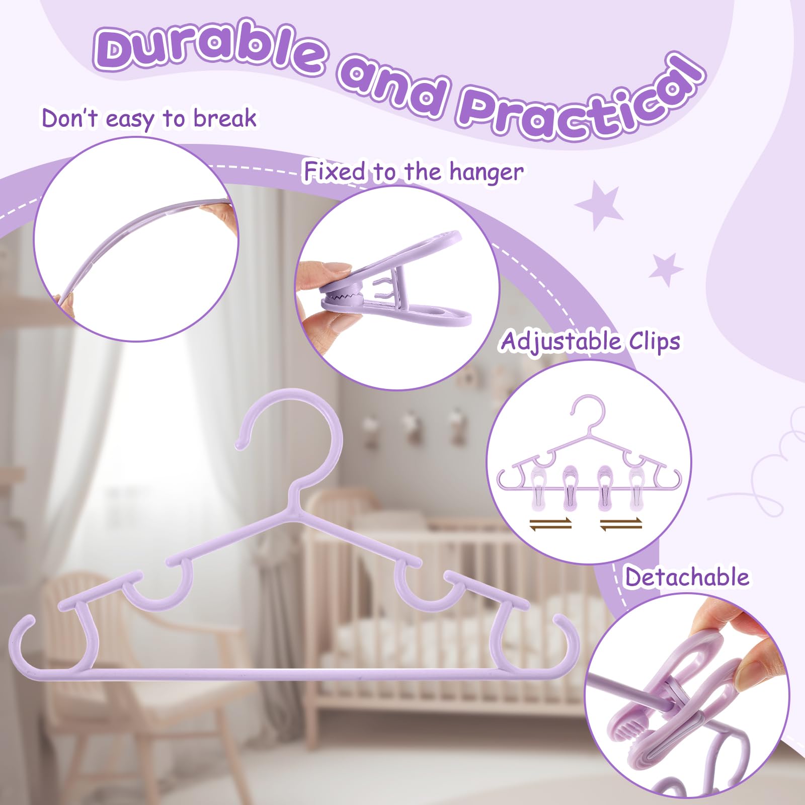 Hsei Lot de 120 cintres pour bébé avec clips pour pantalons, placards, jupes, chaussettes (violet)