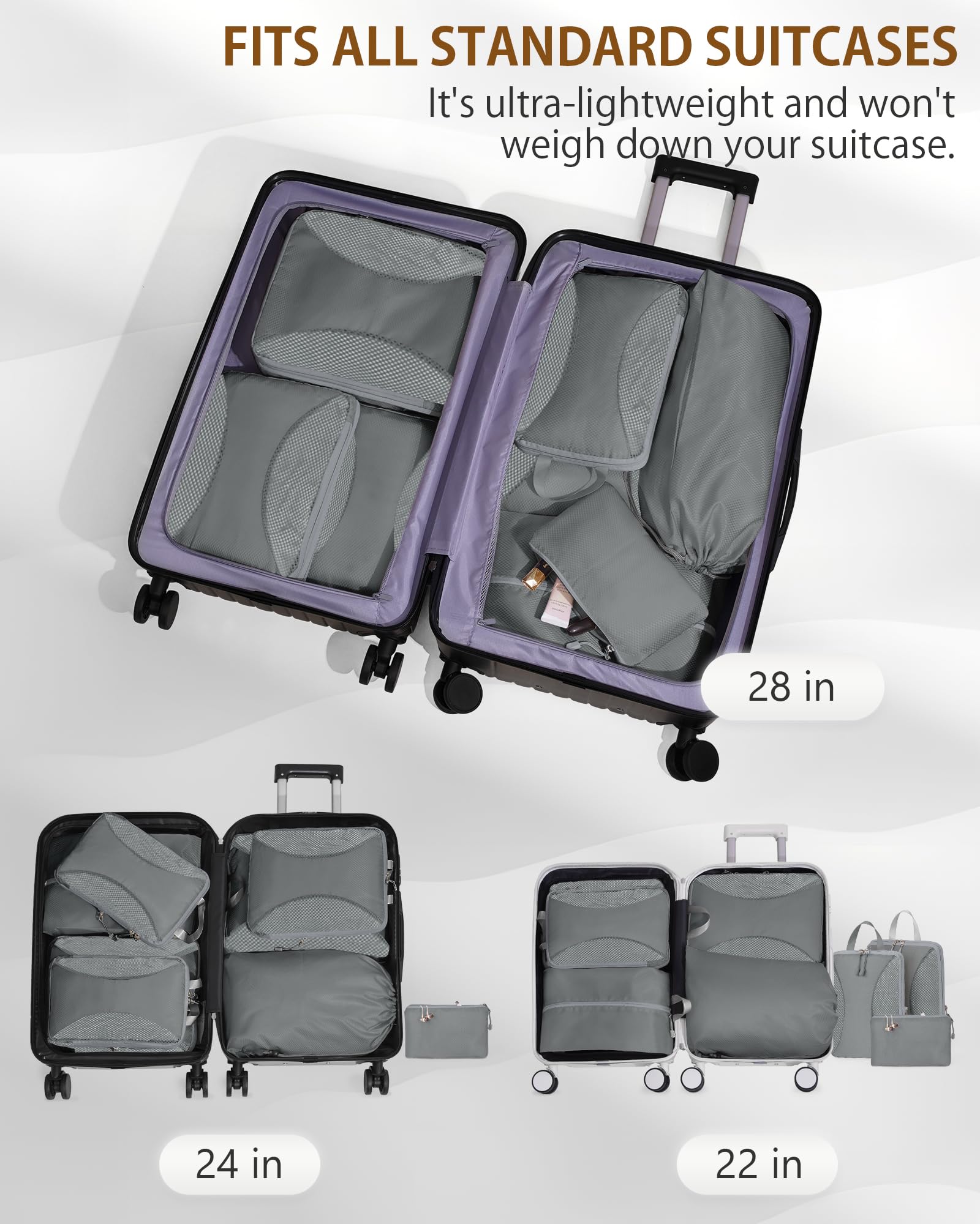 Set 8 Cubi Da Viaggio A Compressione Con Borsa Toeletta: Organizer Per Valigia, Accessori Essenziali Uomo/Donna (Grigio) - 2