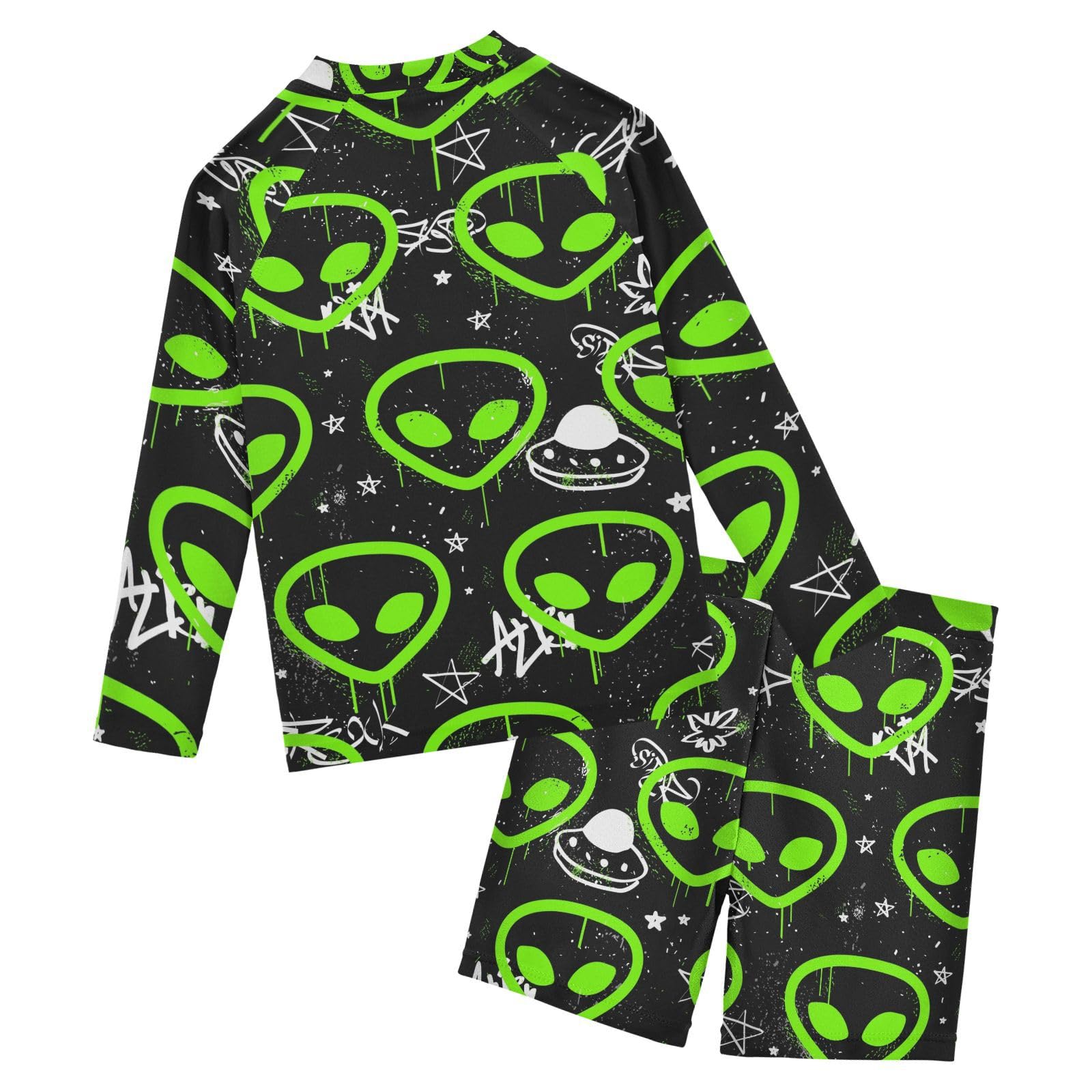 Aflyko Kids' Bathing Suit Set Alien Doodle Neon Long Sleeve Swim Tops with Shorts Summer Vacation Pool Party Rashguard Fun Cute Infant Beachwear, 4T