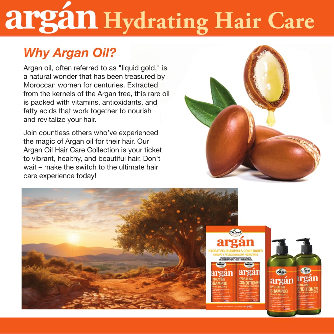 Difeel Shampoo idratante di argan, 350 ml, shampoo all'olio di argan, shampoo per capelli naturale senza solfati