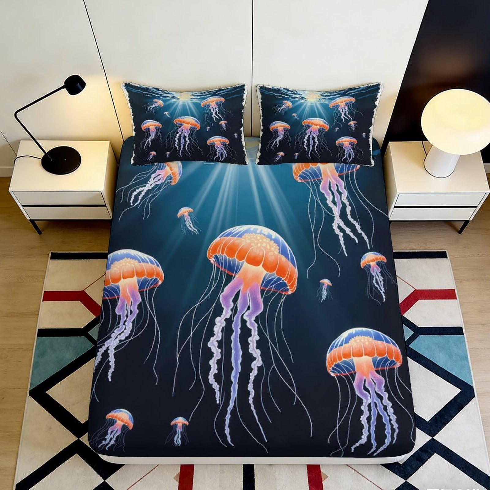 3D Printed Jellyfish Fitted Sheet Microfiber Soft Breathable Underwater Marine Mattress Cover for Bedroom Dormitory Guest Room Mattress Protection Decor 180x200x25cm