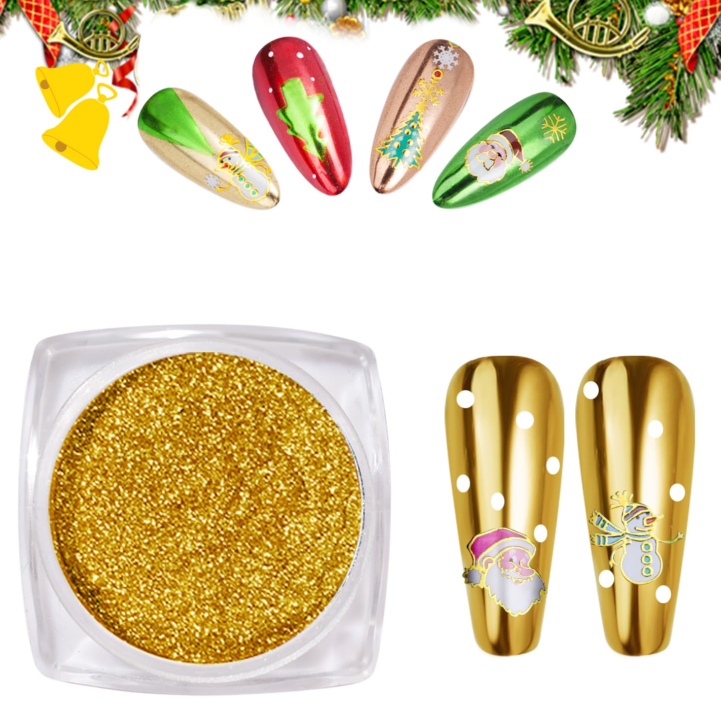 Pretty Diva Christmas Gold Chrome Nail Powder, Gold Chrome Powder for Nails Mirror Nail Chrome Powders Metallic Chrome Powder Pigment Nail Decoration for DIY Nail Art,Craft