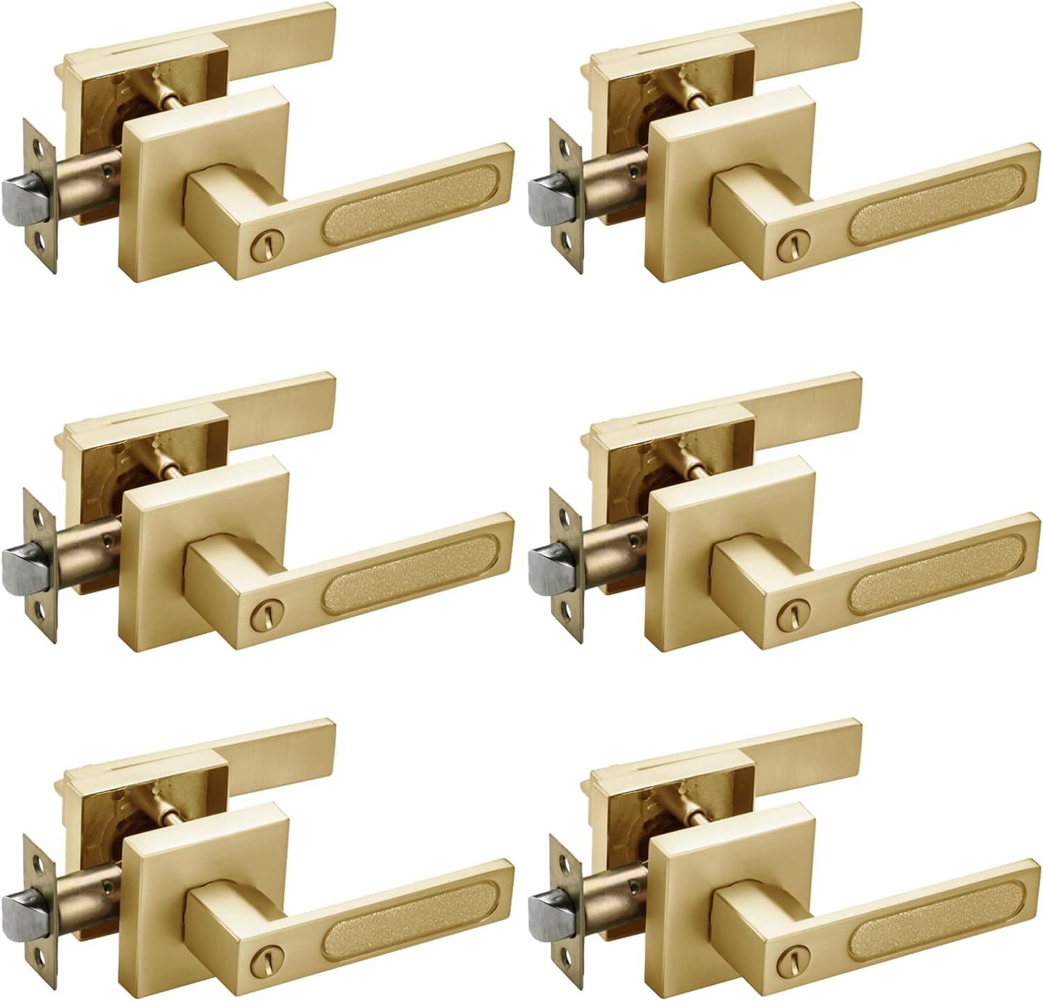 6 Pack Satin Brass Privacy Door Handles, Interior Door Knobs for Bed and Bath, Heavy Duty Gold Door Lever