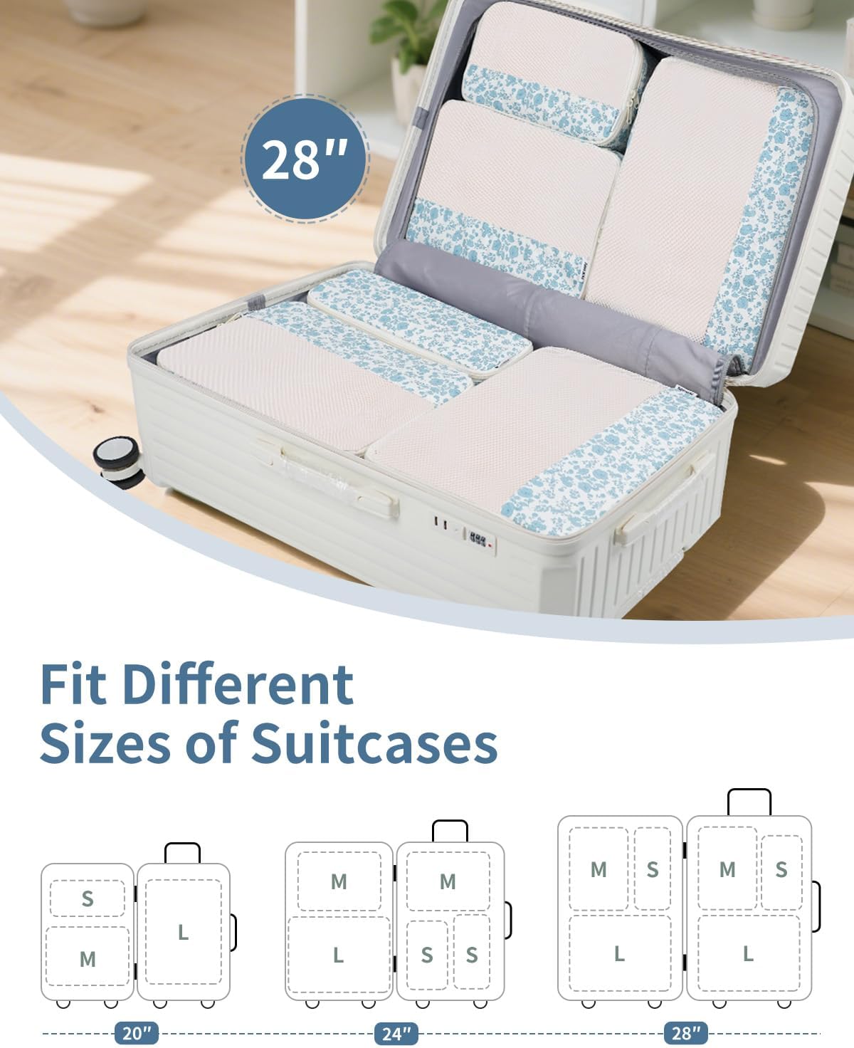 Narwey 7 Set Floral Packing Cubes for Travel Carry on Suitcase Luggage Organizer Bags for Kids Women Men, Durable Packing Organizers Bag, Travel Essentials Accessories (Little Blue Flower) - Image 3