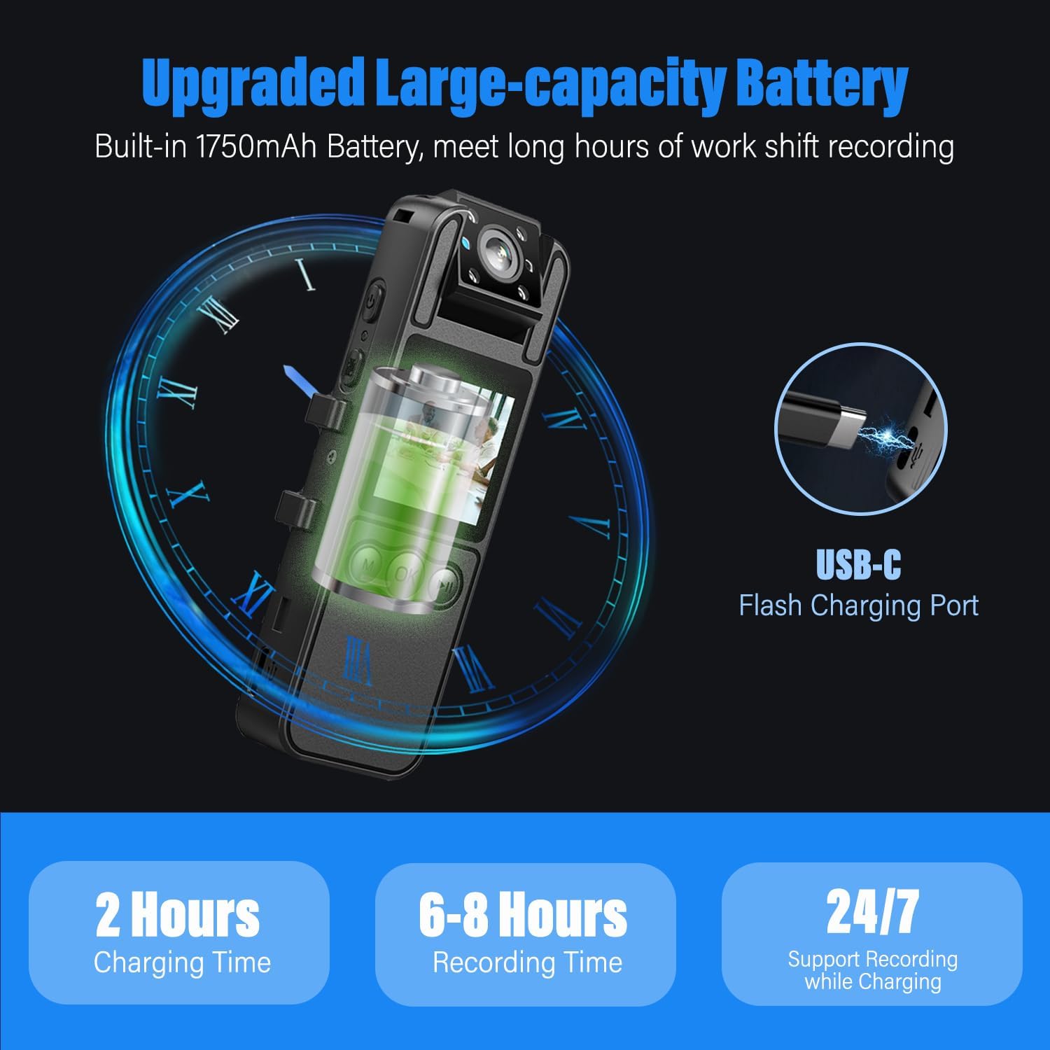 Acbaeta Mini Body Camera charging via USB-C
