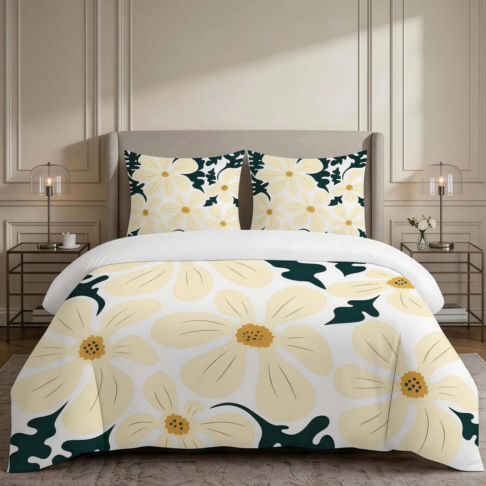 Housse de couette 220 x 240 originale fleurs jaunes parure de lit 3 pièces microfibre