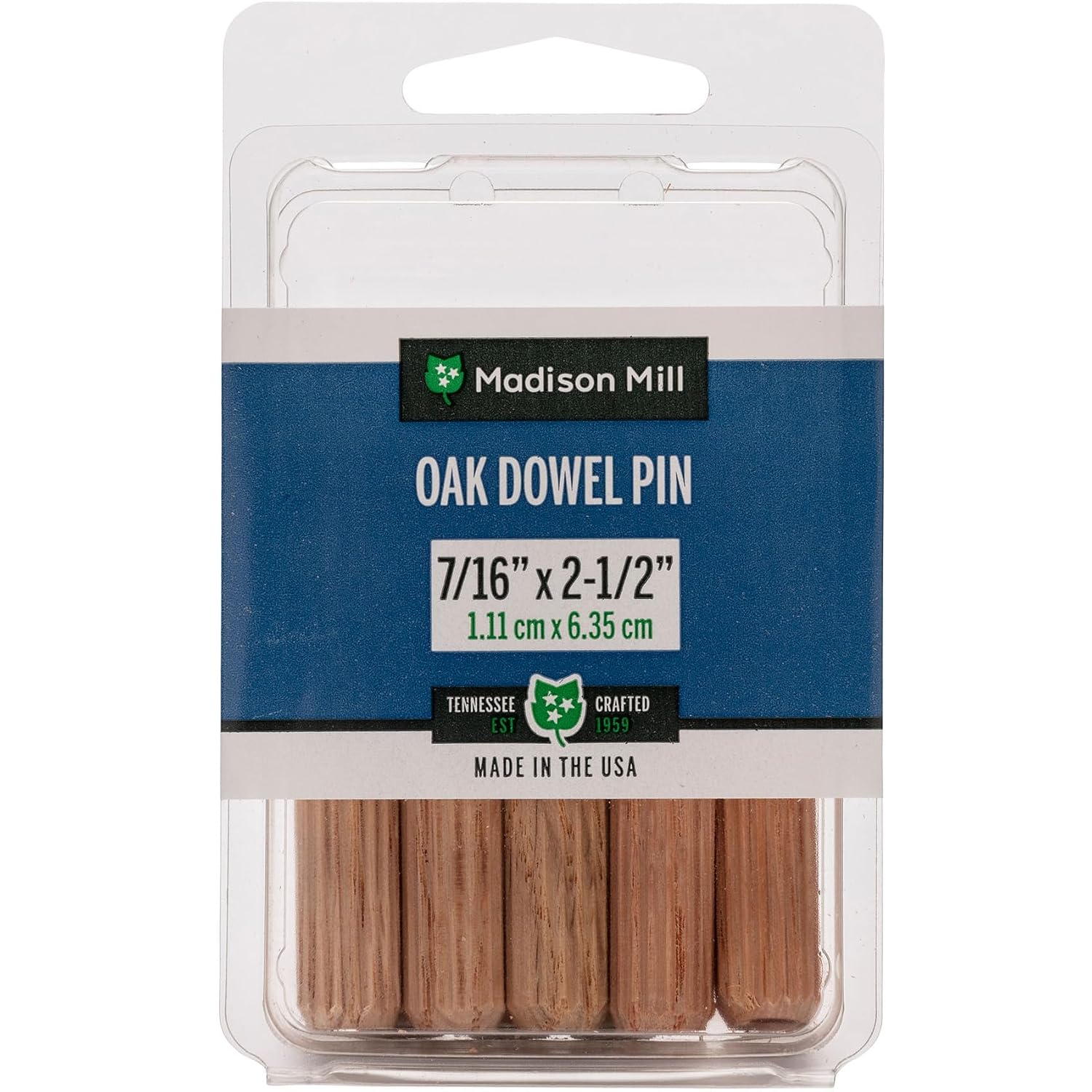 7/16" x 2-1/2" Oak Hardwood Fluted Dowel Pins, 8-Pack | Joinery Dowels for Furniture Repair, Craft & Woodworking