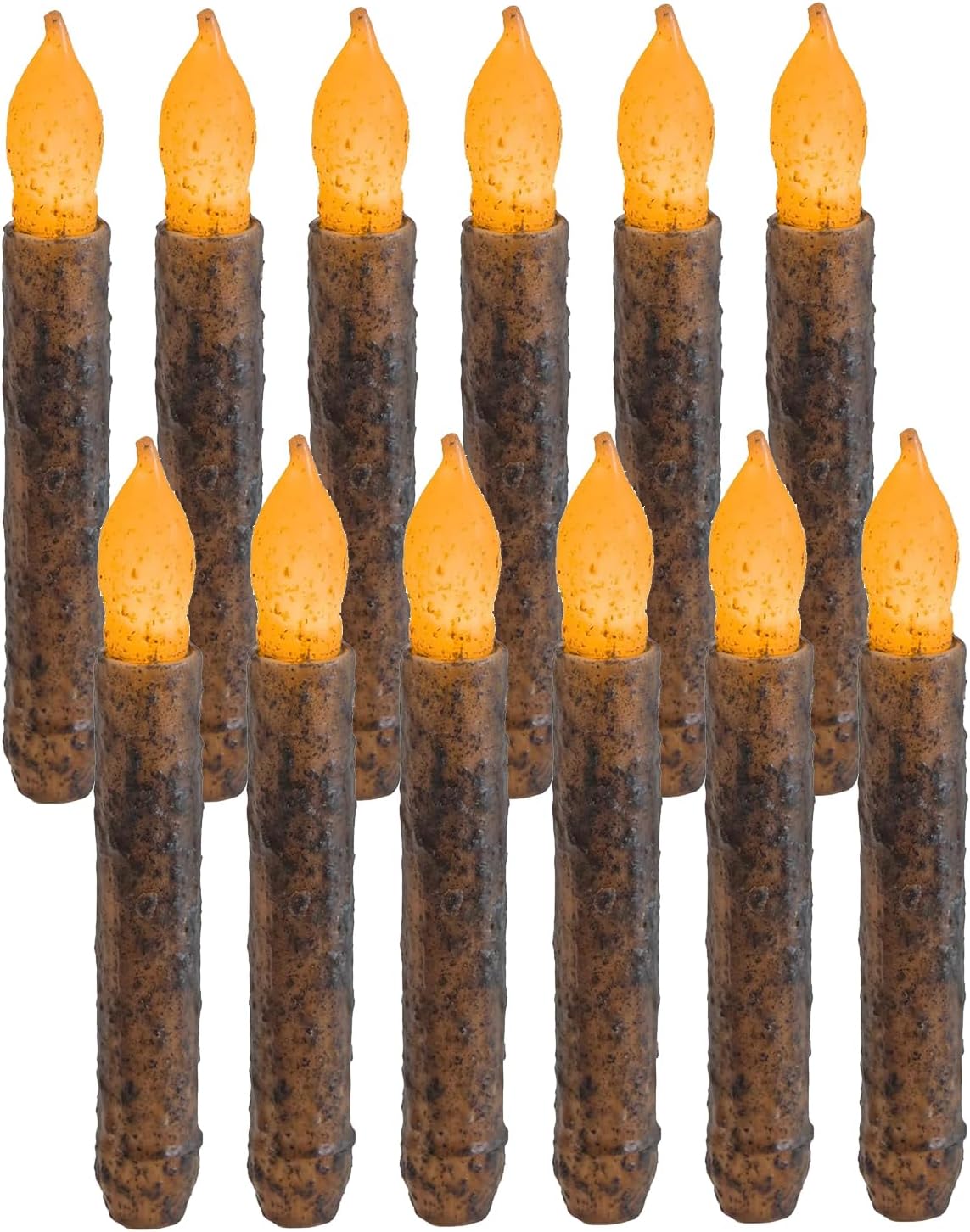 12Pcs Primitive Taper Candles with Timer Remote 6.5'' Hand Dipped Real Wax Rustic Flameless Candle for Vintage Home Kitchen, Country Room, Christmas Halloween Decor