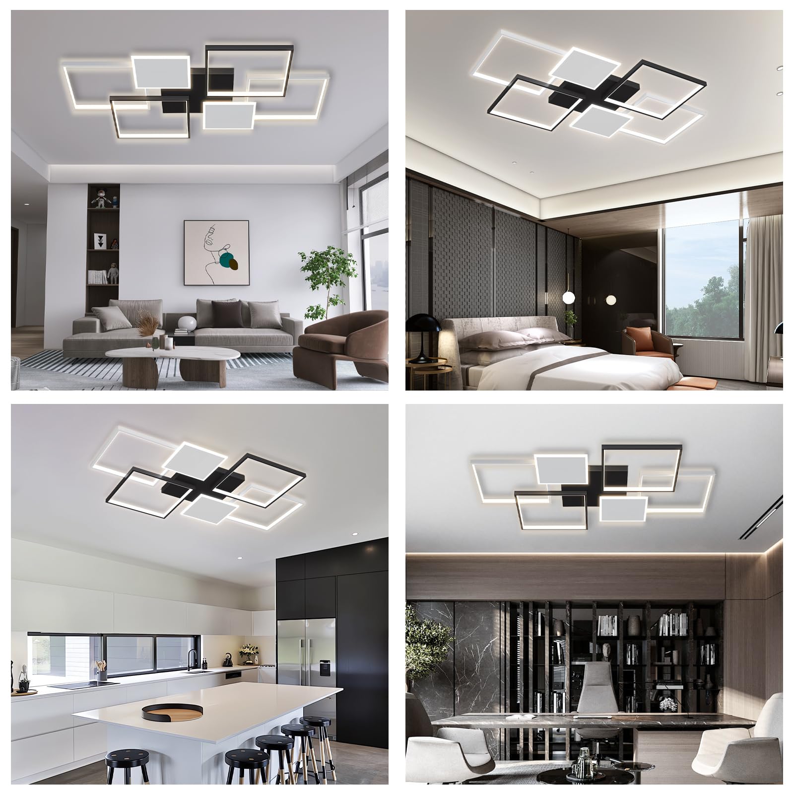 Schwarz & Weiß LED Deckenleuchte Wohnzimmer,115W Modern Deckenlampe Quadratisch , Mit Fernbedienung & APP Deckenbeleuchtung 3000k-6500k lampe für Schlafzimmer Esszimmer Büro Küche (Schwarz, L110cm)