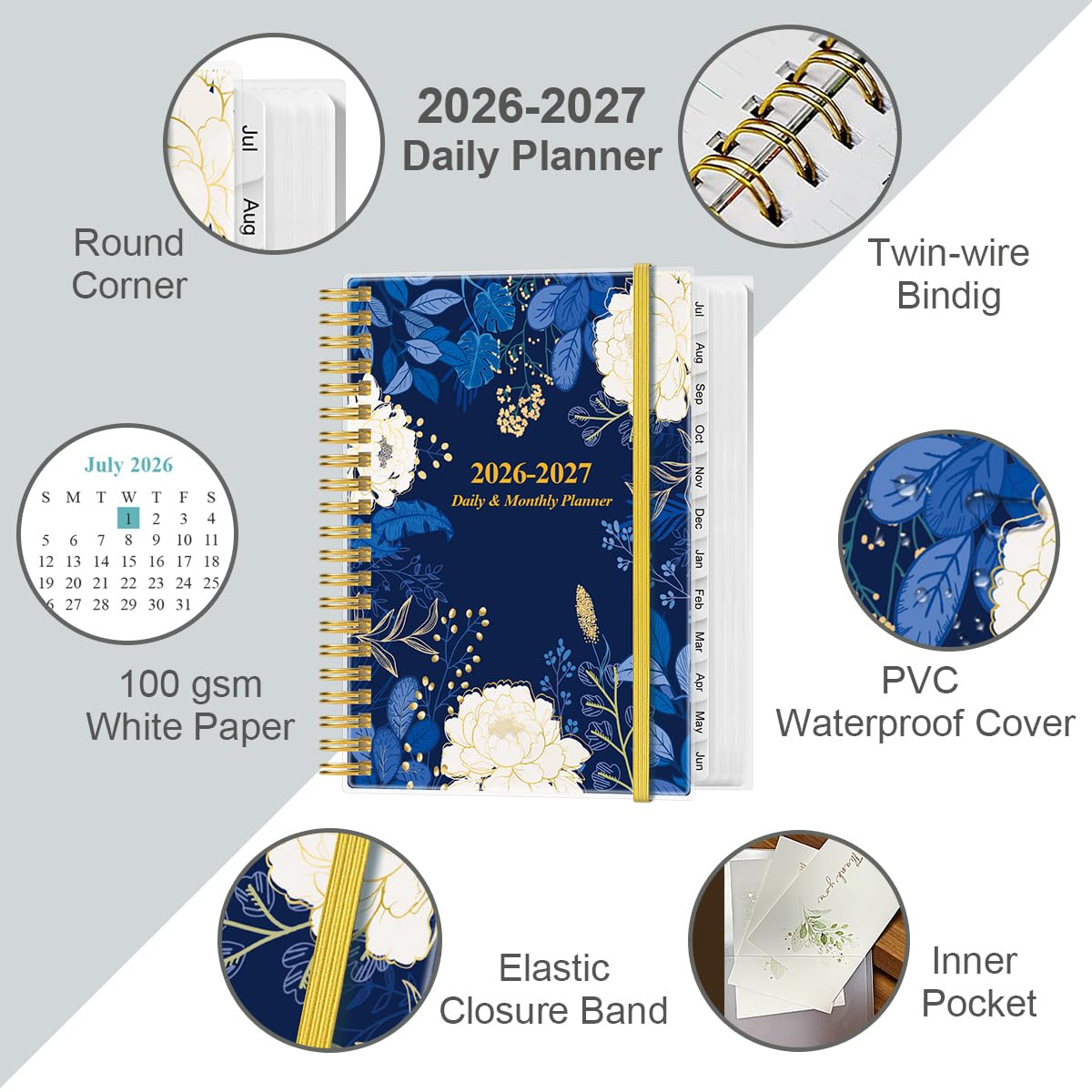 Agenda journalier et mensuel 2026 - Une page par jour - Agenda journalier 2026 de janvier 2026 à décembre 2026 - Planning 2026 avec 12 onglets mensuels - 16,3 x 21,6 cm - Feuille bleue