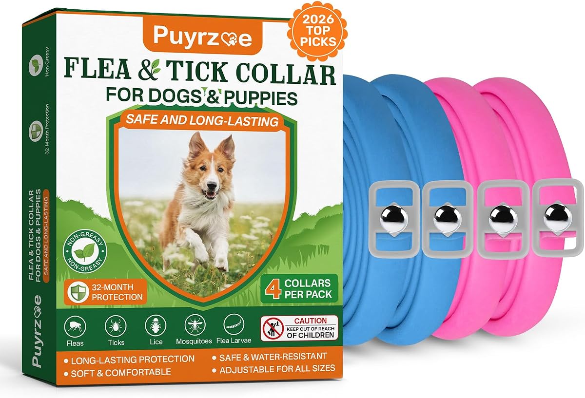 Flea and Tick Prevention for Dogs, 4 Pack Flea Collar for Dogs | 32-Month Dog Flea Protection,Natural Dog Flea Prevention for Dogs & Puppies, Dog Flea and Tick Treatment, 2 Pink & 2 Blue
