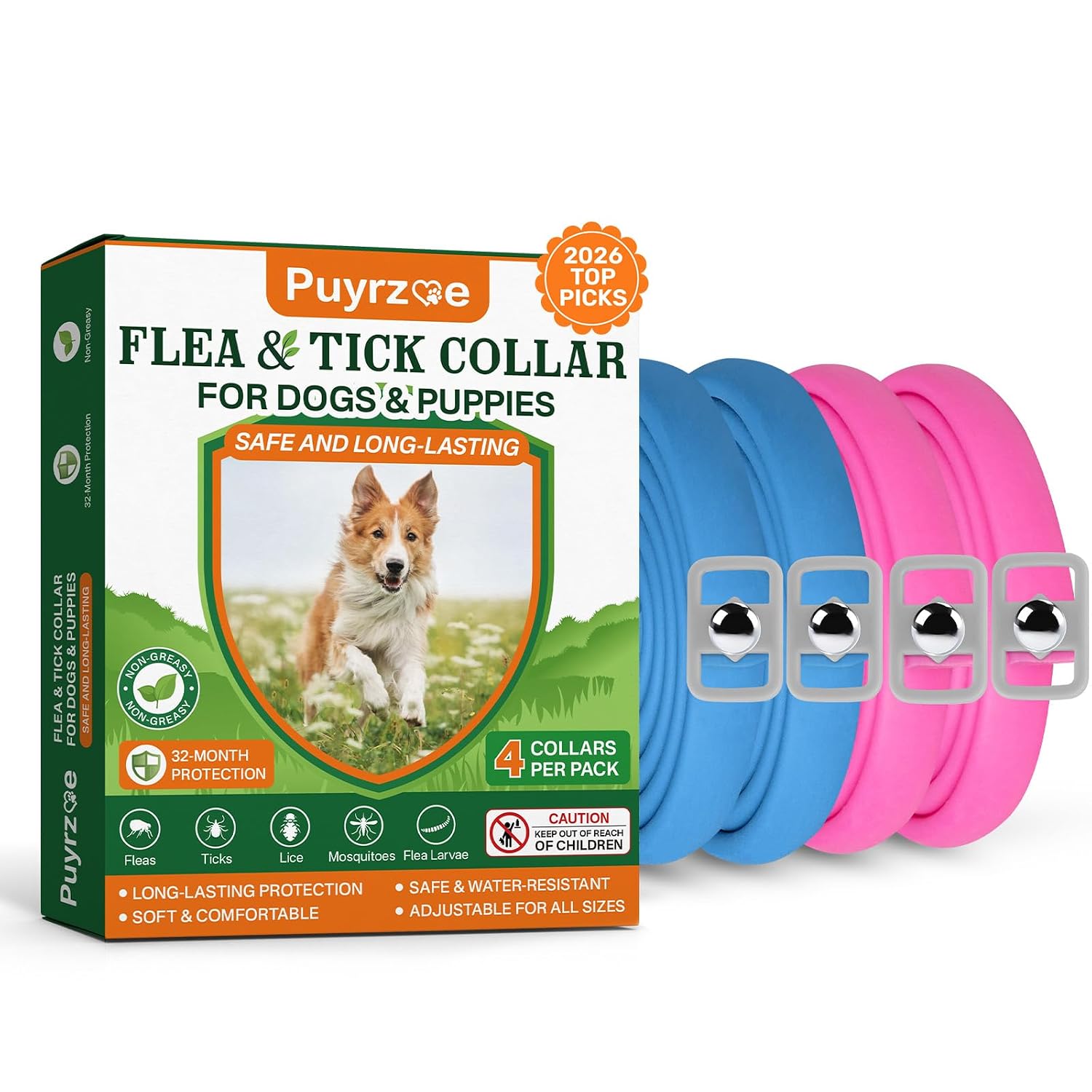 Puyrzoe Flea and Tick Prevention for Dogs Collar 4 Pack, Natural Flea Collar for Dogs 32-Month Full Protection, Adjustable Dog Tick Prevention for Puppy & Dog, Waterproof, 2...