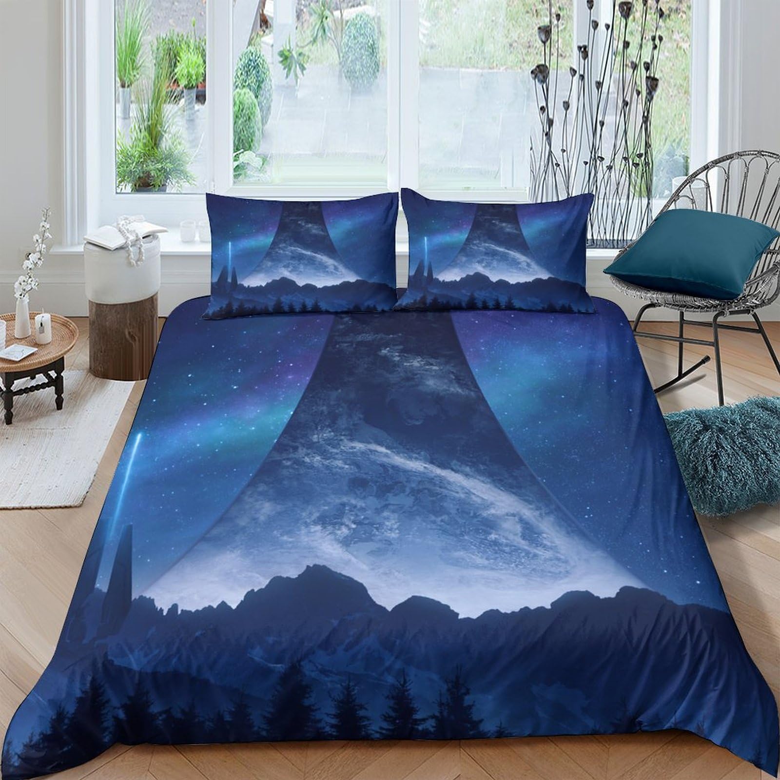 GPLZQXKJNH 3D Printed Mountain Night Sky Duvet Cover Set Microfiber Soft Breathable Aurora Quilt Cover with 2 Pillowcases for Bedroom Home Single（135x200cm）