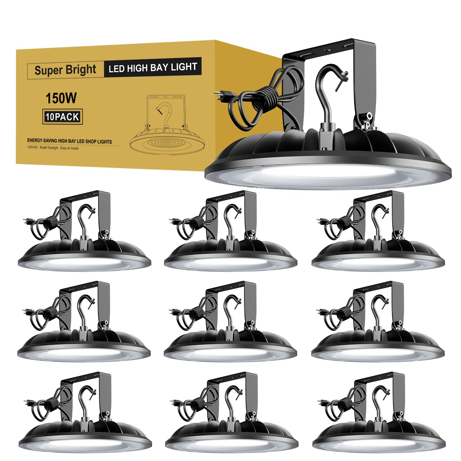 10 Pack UFO LED High Bay Light 150W 16500Lm 5000K High Bay Shop Lights UL Listed with US
