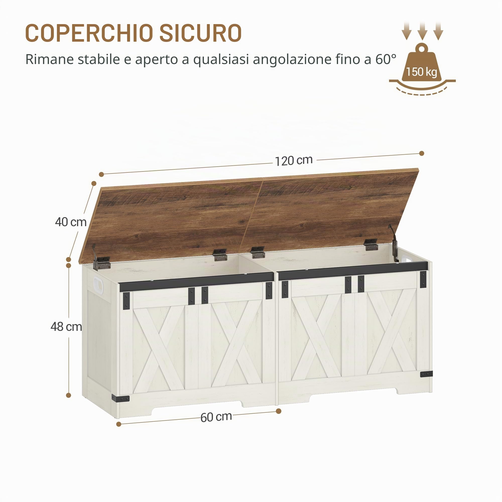 Hzuaneri Cassapanca con Vano Portaoggetti, 40 x 120 x 48 cm, Bianco Marrone | Mobile Seduta con Cerniere di Sicurezza, Contenitore, per Corridoio, Camera da Letto, Soggiorno, SB12014X