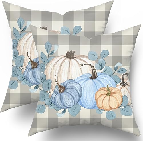Juego de 2 fundas de almohada de otoño de 20 x 20 pulgadas, color blanco, azul, calabaza, hoja de eucalipto, gris, búfalo, a cuadros, fundas