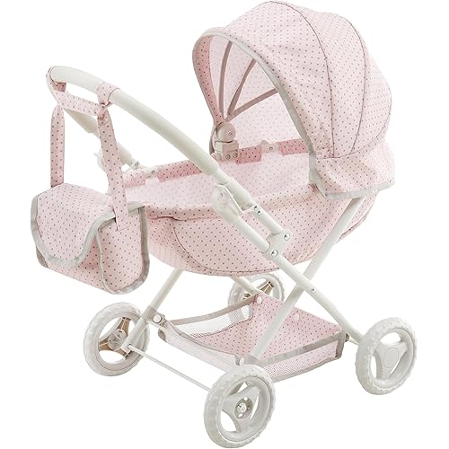 Olivia's Little World Polka Dot Princess Baby Doll Pram Stroller with Retractable Canopy & Storage, Pink