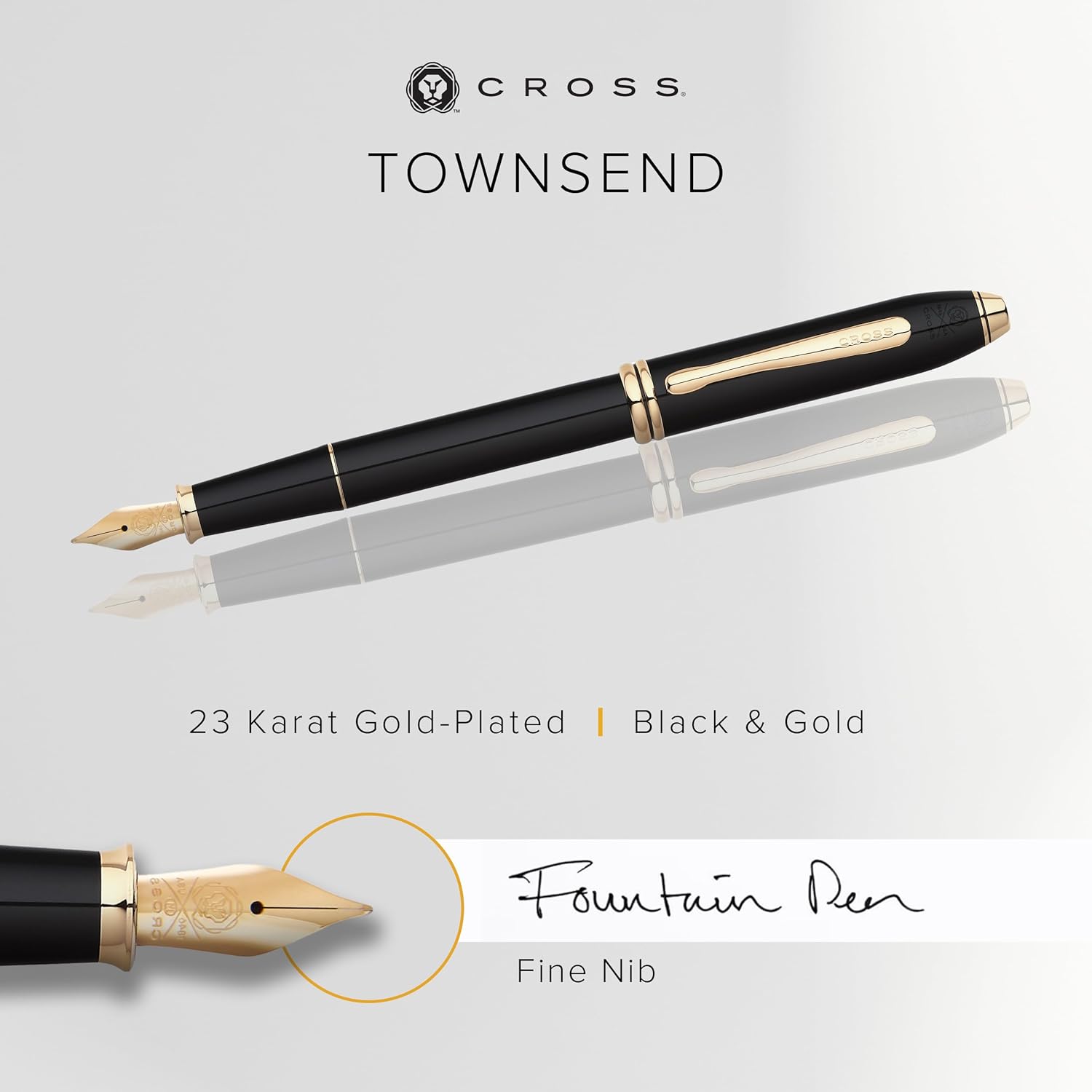 Cross Townsend Refillable Fountain Presented in a Luxury Gift Box - Medium Point, Black Ink, Black & Gold