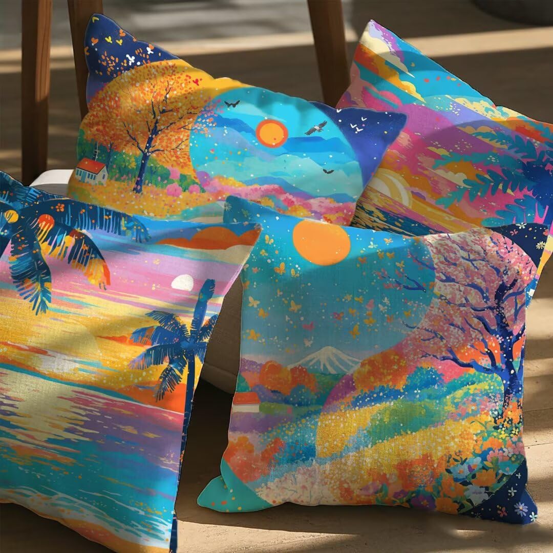 Lot de 4 Housse de Coussin 45x45cm, Housse de Canapé Hiver Motif Décoratif Imperméable Lin Taie d'oreiller avec Fermeture Éclair Invisible, Salon Chambre à Coucher Décoration de Maison, Été Ym105