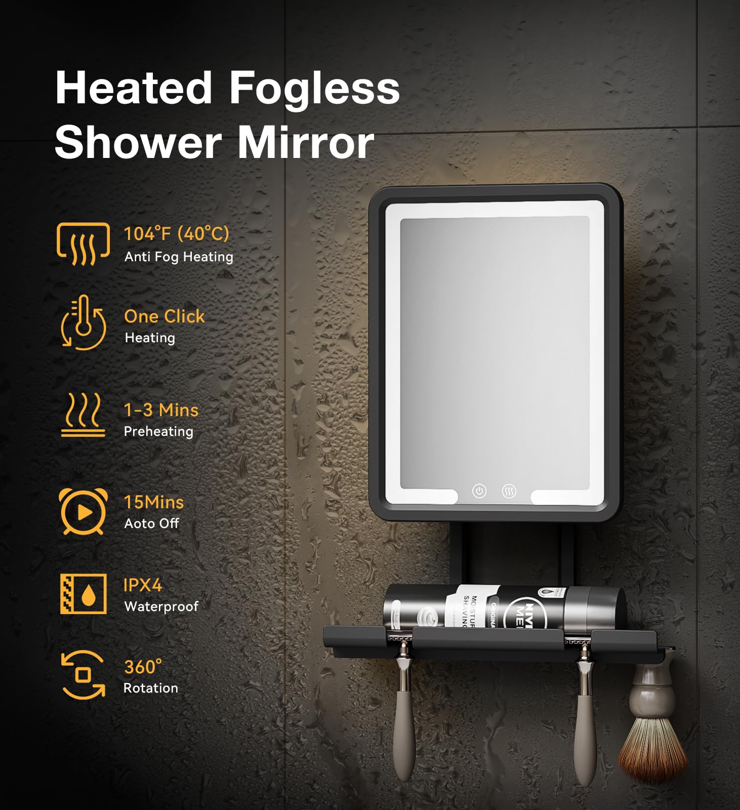 Black Rechargeable Heated Fogless Shower Mirror with LED Light