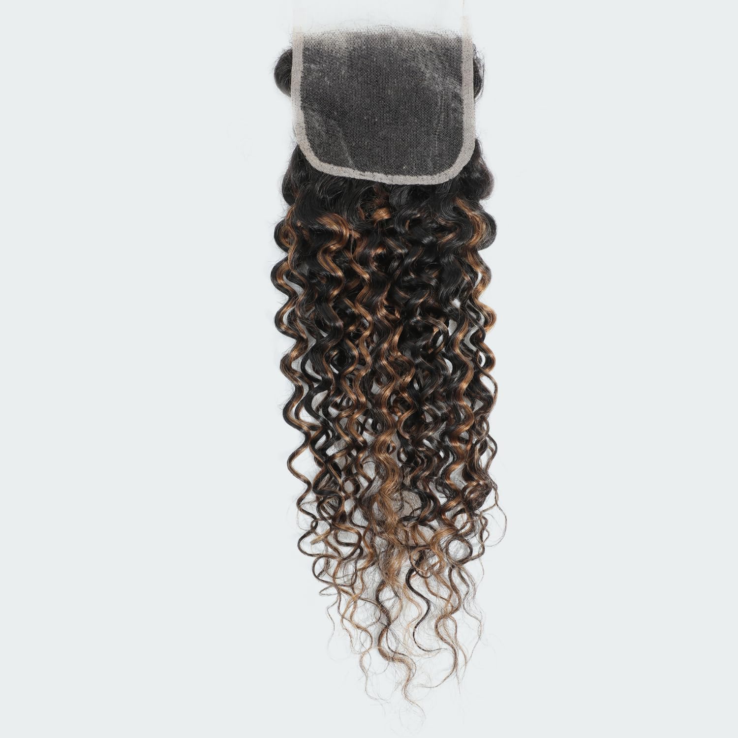 Honey Blonde Highlight Black and Brown Ombre 4x4 Closure Water Wave Human Hair 20 In, 12A F1B30 Color Wet and Wavy 100% Remy Pre-plucked with Baby Hair Free-part Hairline 4x4 Lace Closure