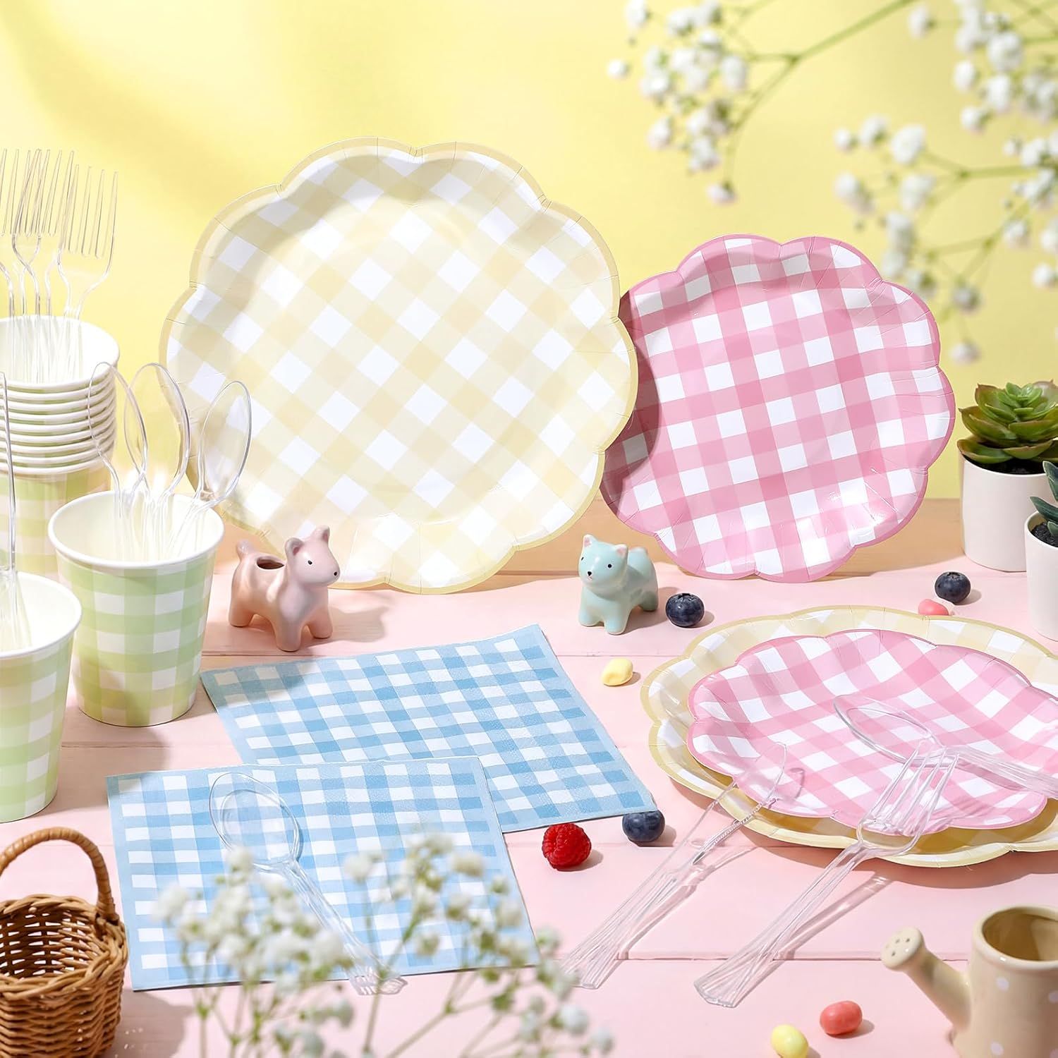 50 Sets Easter Spring Pastel Gingham Disposable Tableware Pink Yellow Paper Plates Green Cups Blue Napkins Clear Knives Forks Spoons for Birthday Baby Shower Wedding Party Decoration