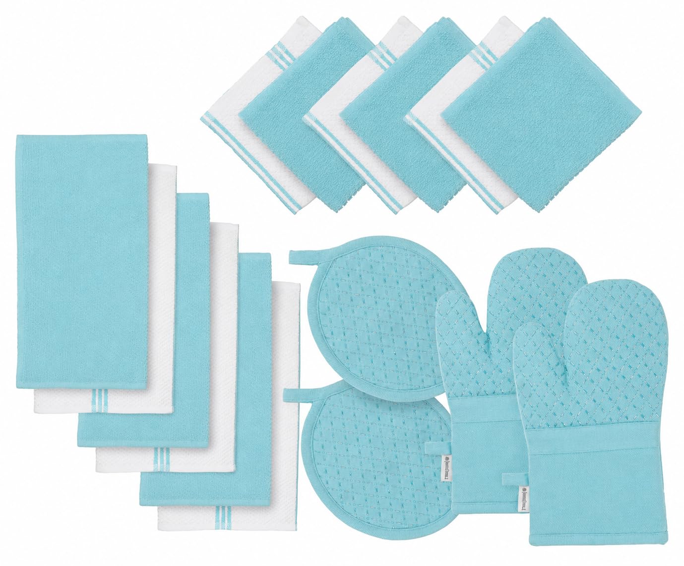Lane Linen Juego de toallas de cocina de 16 piezas, guantes de horno resistentes al calor y soportes para ollas, paños de cocina reutilizables, toallas de mano absorbentes, color aguamarina