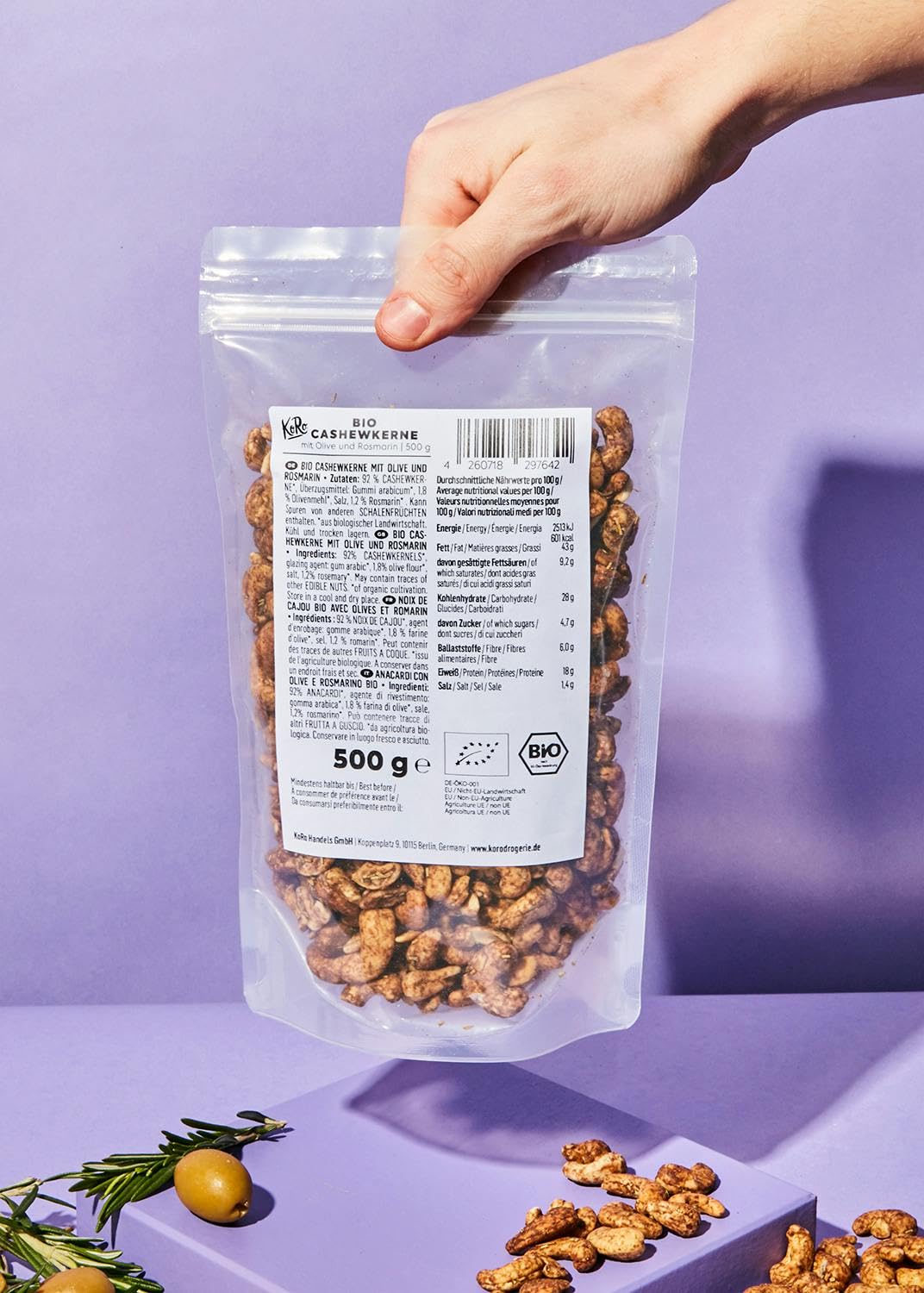 KoRo - Anacardi con olive e rosmarino bio 500 g - frutta secca aromatizzata con erbe - come snack o nelle insalate - da agricoltura biologica e vegan