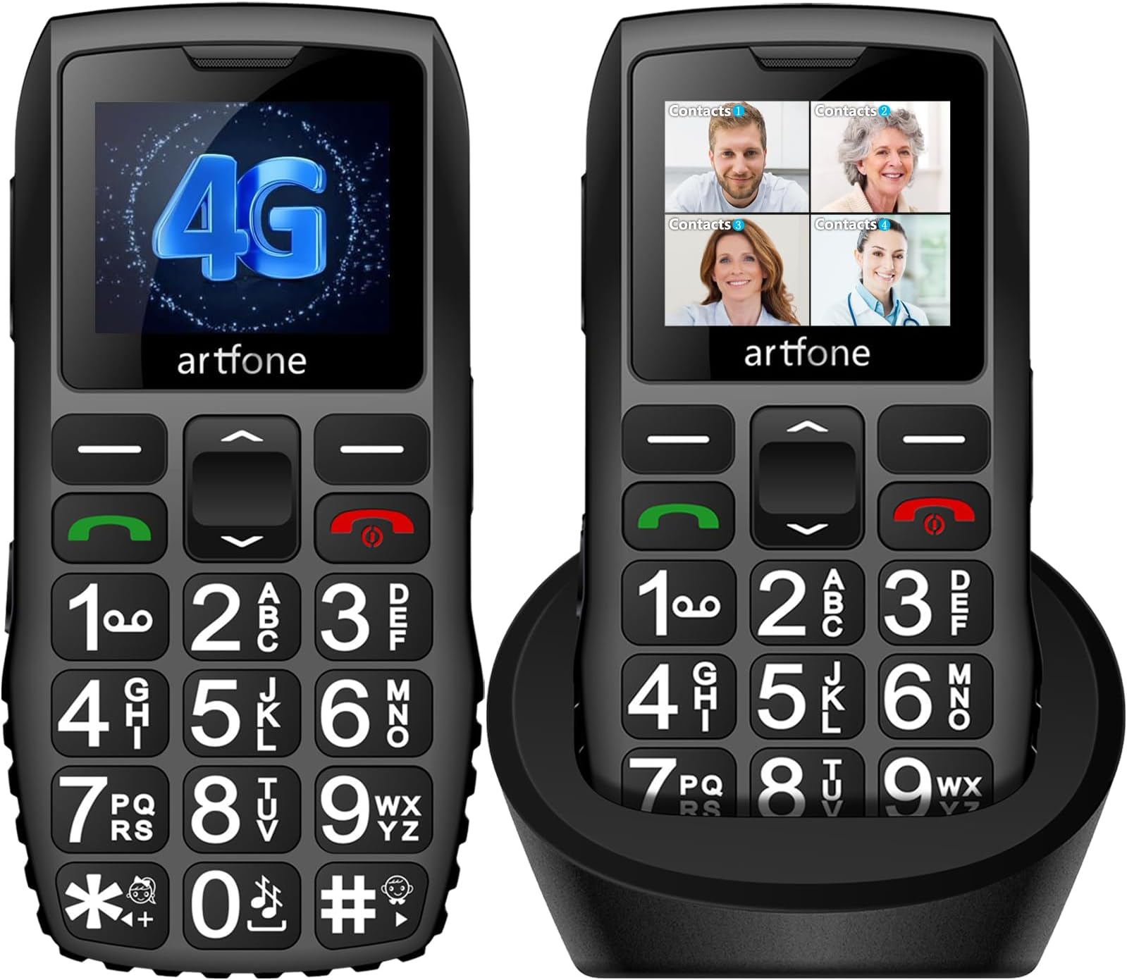 artfone C1+4G Black - Large Buttons Cell Phone for Seniors丨Dumb Phone with SOS Button丨Charging Station丨1800mAh丨Talking Clock丨Speed Dial丨Hands-free丨Large Font丨Unlocked Phone丨Keypad Mobile丨Loud Speaker