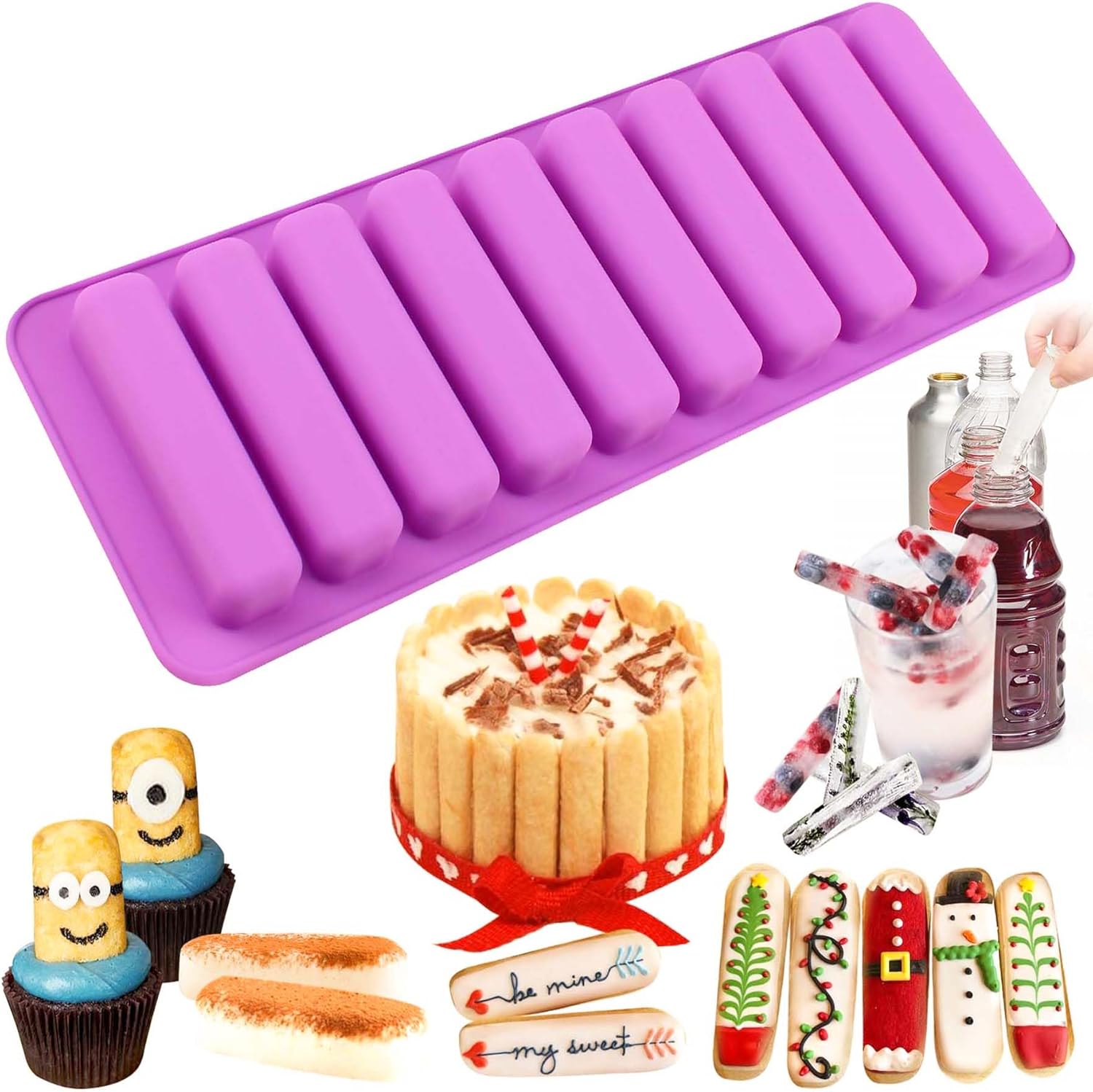 FUNSHOWCASE Rectangular Oblong Chocolate Cracker Bar Stick Block Ice Tube Jelly Tray Cylinder Silicone Candy Mold