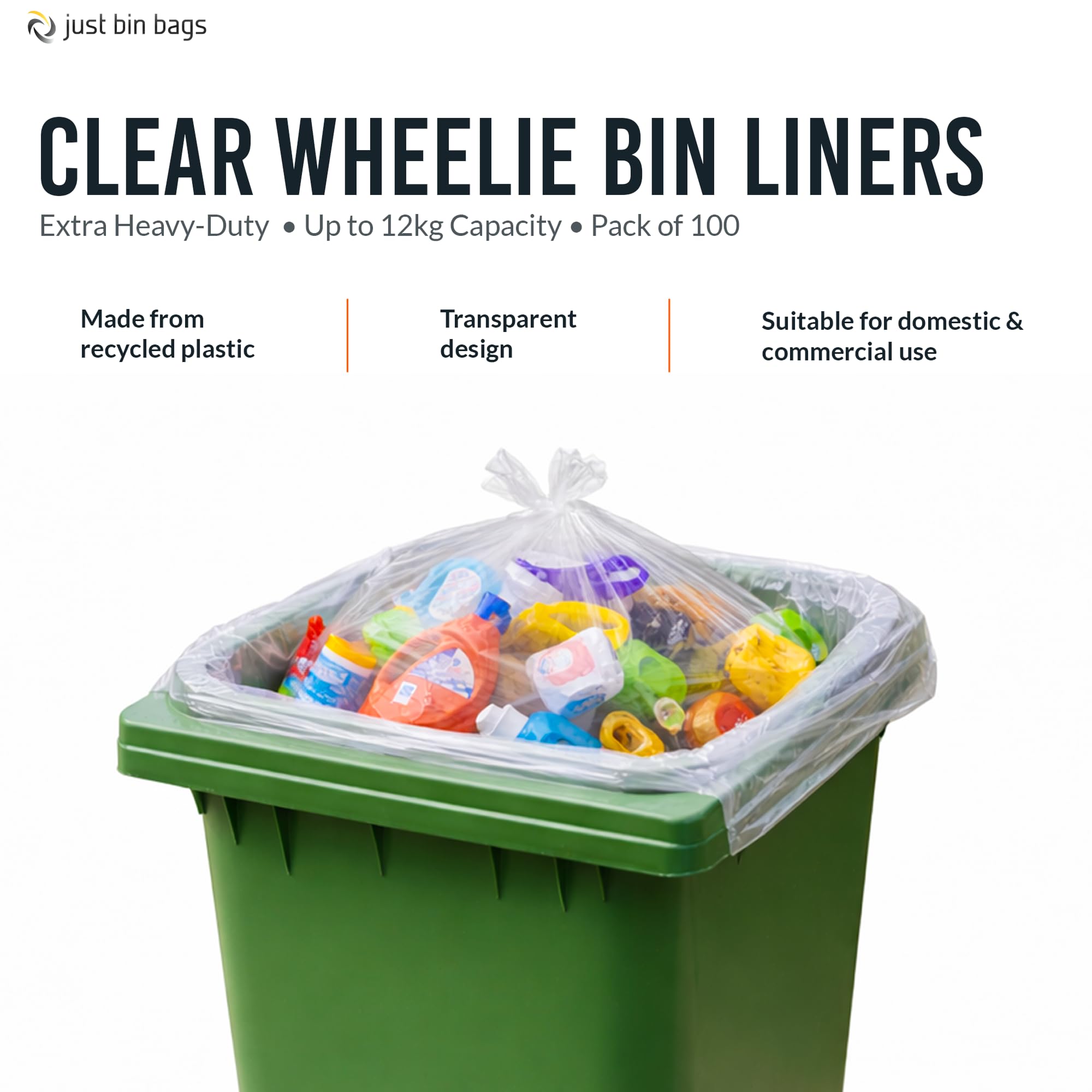 100 x 360 l durchsichtige Mülltonnenbeutel – Müllsäcke | SCHWERLAST | 12 kg Kapazität - 120 Gauge, 30 Mikron Abfallrecycling-Müllbeutel | Privater und gewerblicher Gebrauch