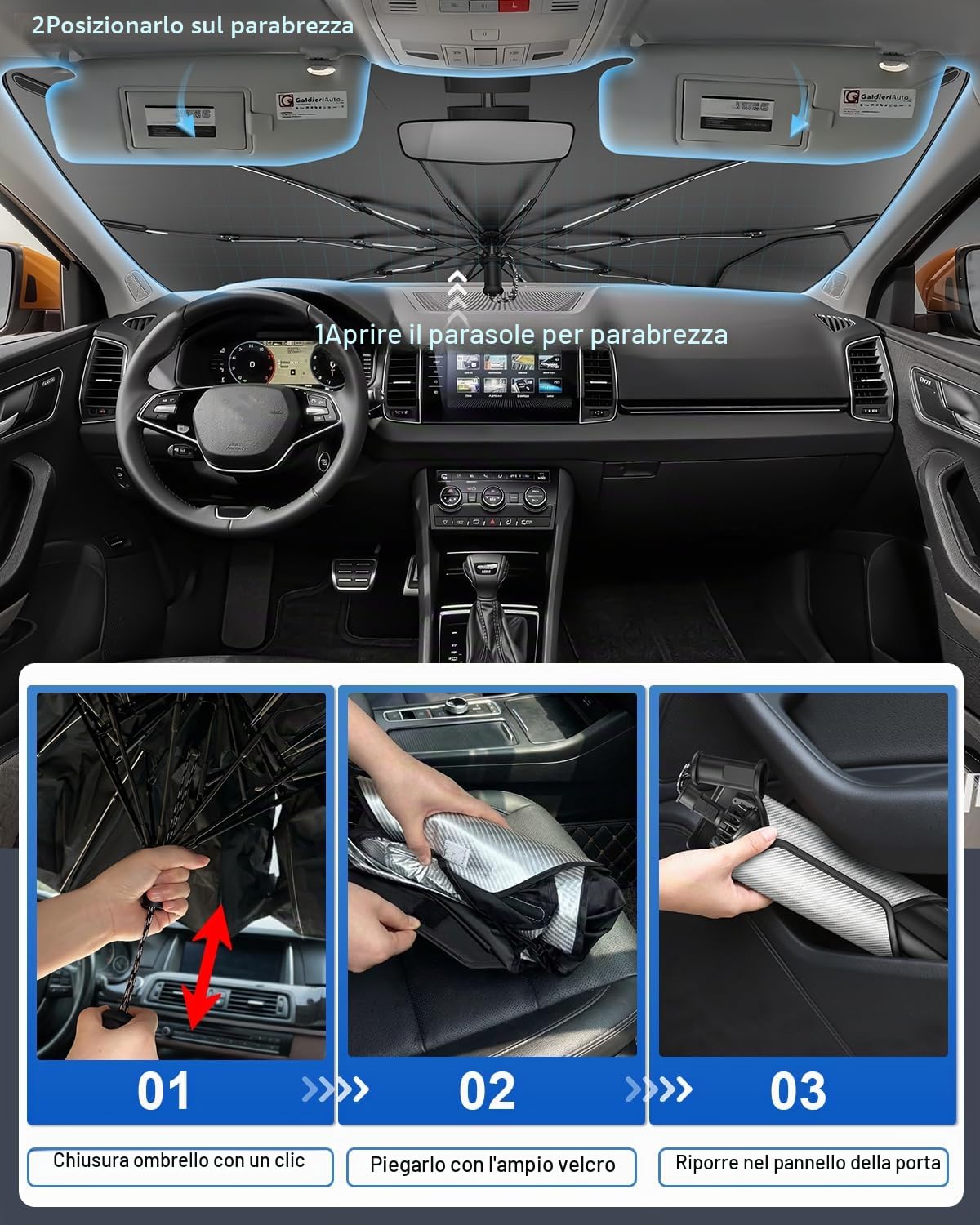 SHAOHAO Compatibile con Skoda Karoq 2019-2026 Parasole per auto Parasole per parabrezza Facile da riporre Maniglia con cordino Protezione UV Accessori Skoda Karoq parasole