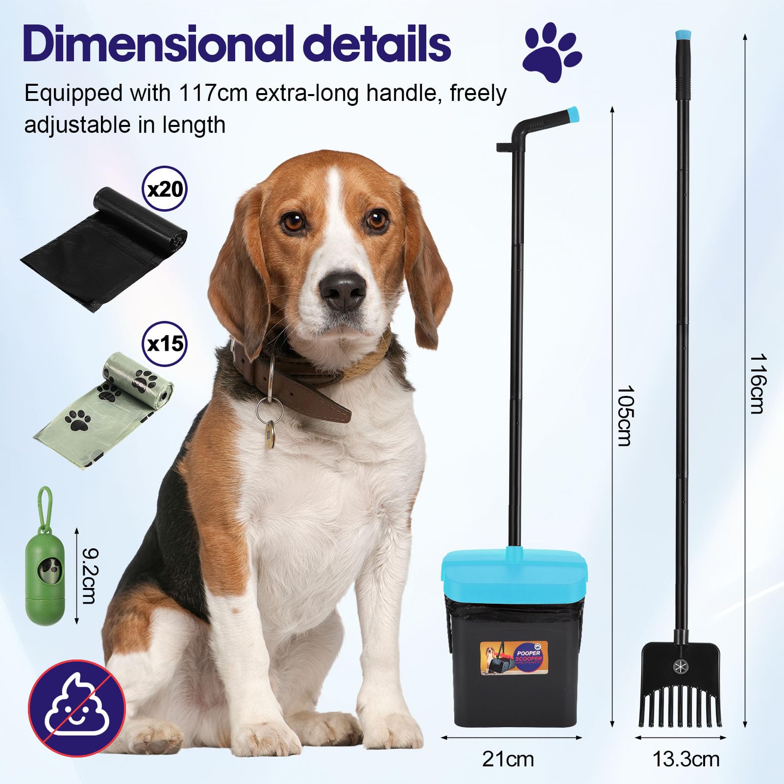 Kyrio Hundekotschaufel mit Länge Griff, Hundekotschaufel Kehrschaufel, Rechen & Schaufel Mit 55 Abfallsäcken, für große, Hundekotsammler für Garten, Gartenlaubrechen, für Hof, Gra