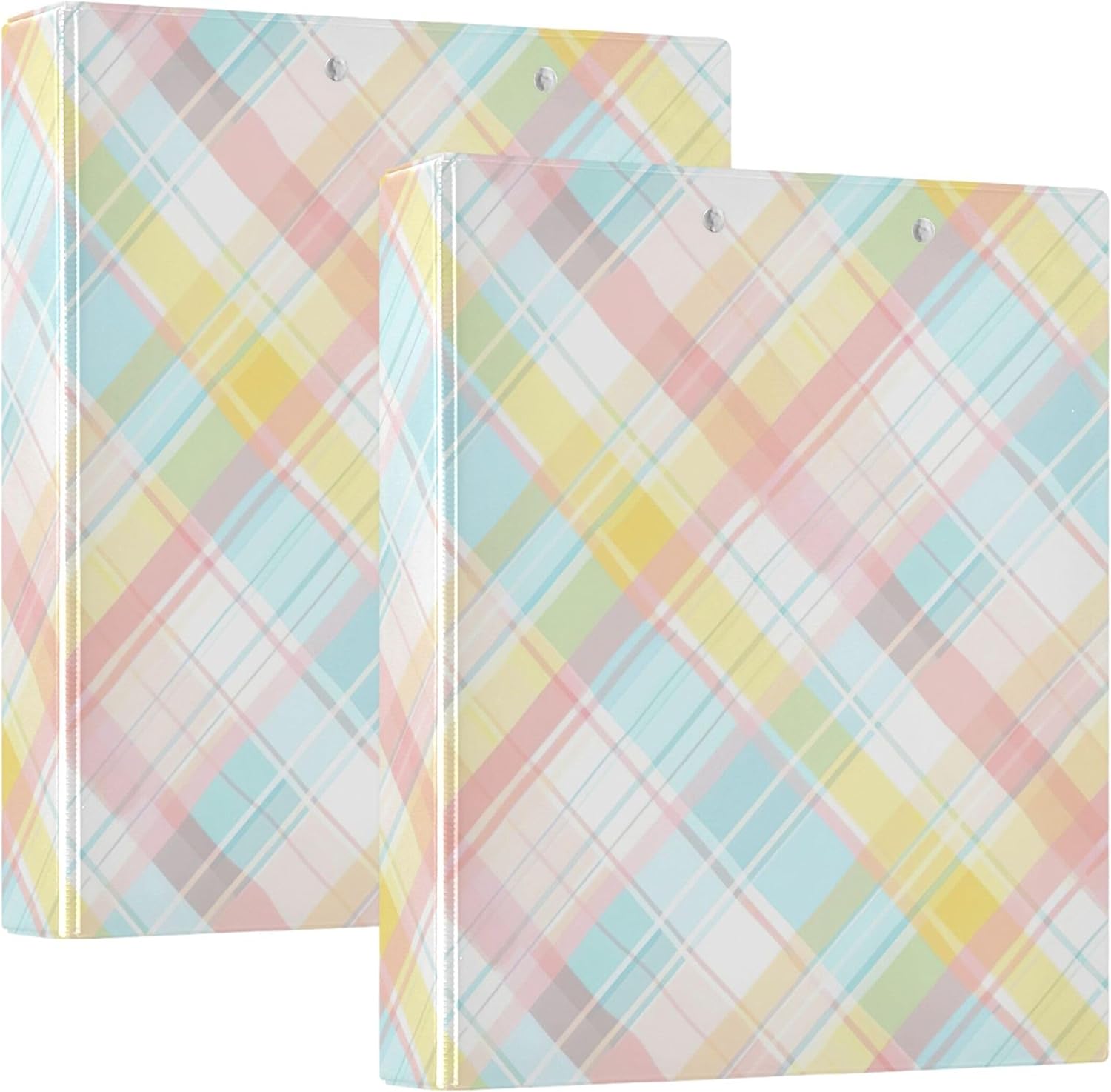 Rainbow Plaid 3 Ring Binders, 1.5” Round Ring Binders with Clipboard - Letter Size, 3 Interior PVC Clear Pockets & Anti-Slip Clip for Office School Supplies, 2PCS