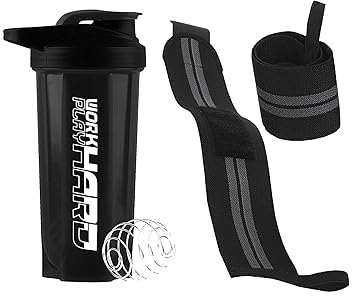 (2025) Shaker (Pack of 2) Gym Shaker Bottle 600 ml with Gym Wrist Band for with Thumb Loop Straps Accessories for Men Hand Grip Fitness Shoulder Wrist Hand Support for Gym (Black)