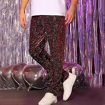 Glitterbroek heren zilver metallic pailletten broek disco glanzende broek feestelijke broek metallic glans broek lange joggingbroek shiny clubwear glitterbroek party broek rocker broeken, goud, XL