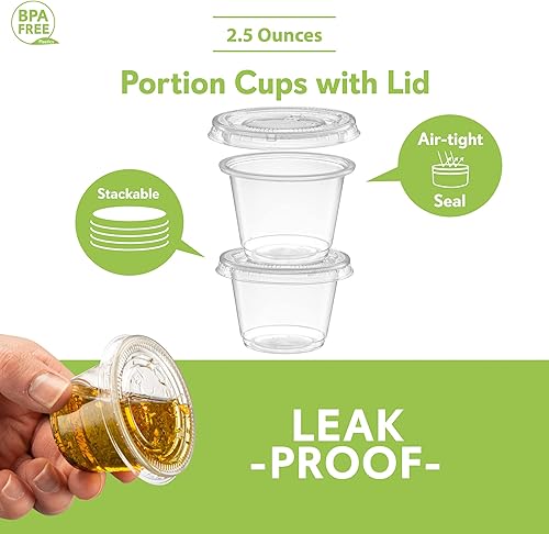 Miniatura 5 de 2.5 onzas, 200 juegos vasos de plástico transparente con tapas, pequeños recipientes pequeños para control de porciones, chupitos de gelatina,