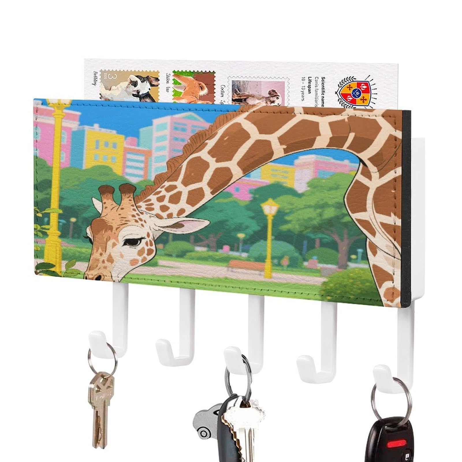 Vstadank White-Style Masai Giraffe Key Holder Wall Mount With 5 Key Hooks Hangers For Wall Decorative Pu Mail Rack Organizer With Shelf Wall Mounted Key Rack With Hooks For Entryway
