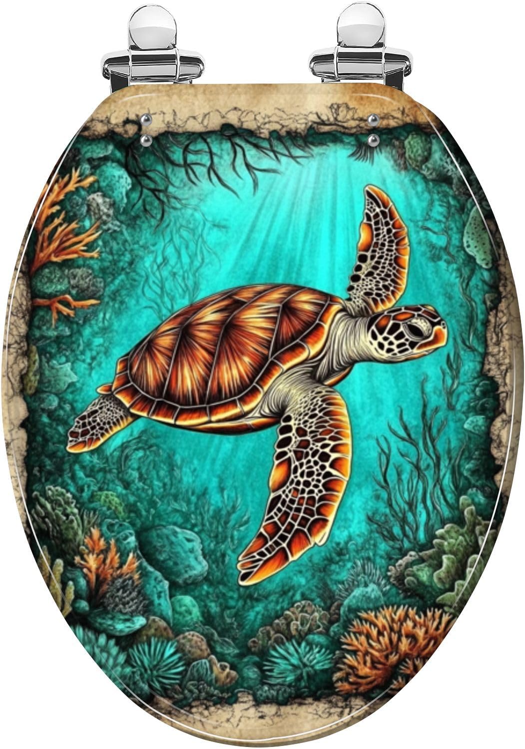 Round Toilet Seat Intricate Sea Turtle Sketch Vintage Parchment Resin Toilet Seat Quietly Close Quick Release Hinges Decorative Toilet Seat with Cover Easy to Install