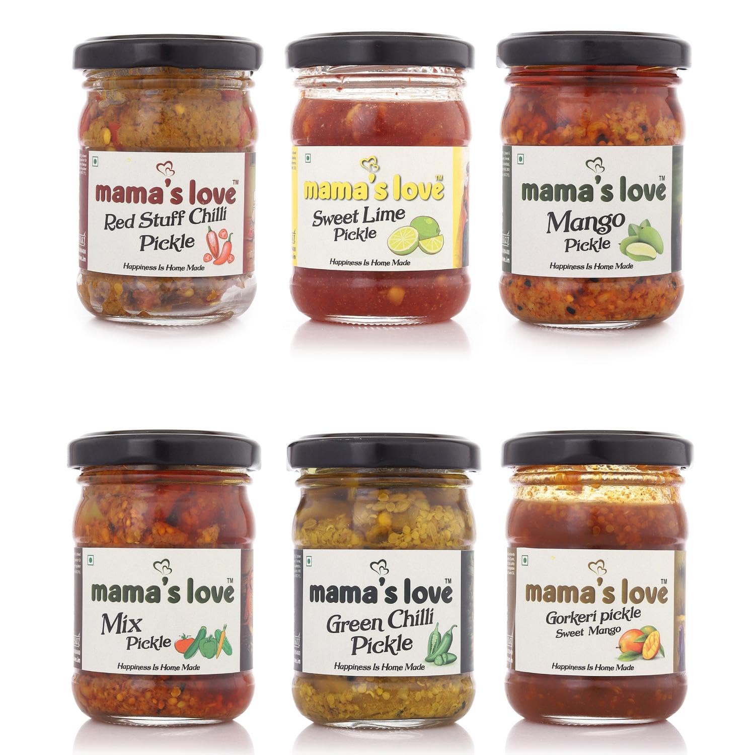mama's love Combo Of Mango Pickle ,Sweet Lime Pickle , Red Chilli Pickle , Mixed Pickle , Green Chilli Pickle And Gorkeri Pickles - Exquisite Homemade Chilli Pickles for a Flavorful Experience! - Pack Of 6 Combo , (125g Each )