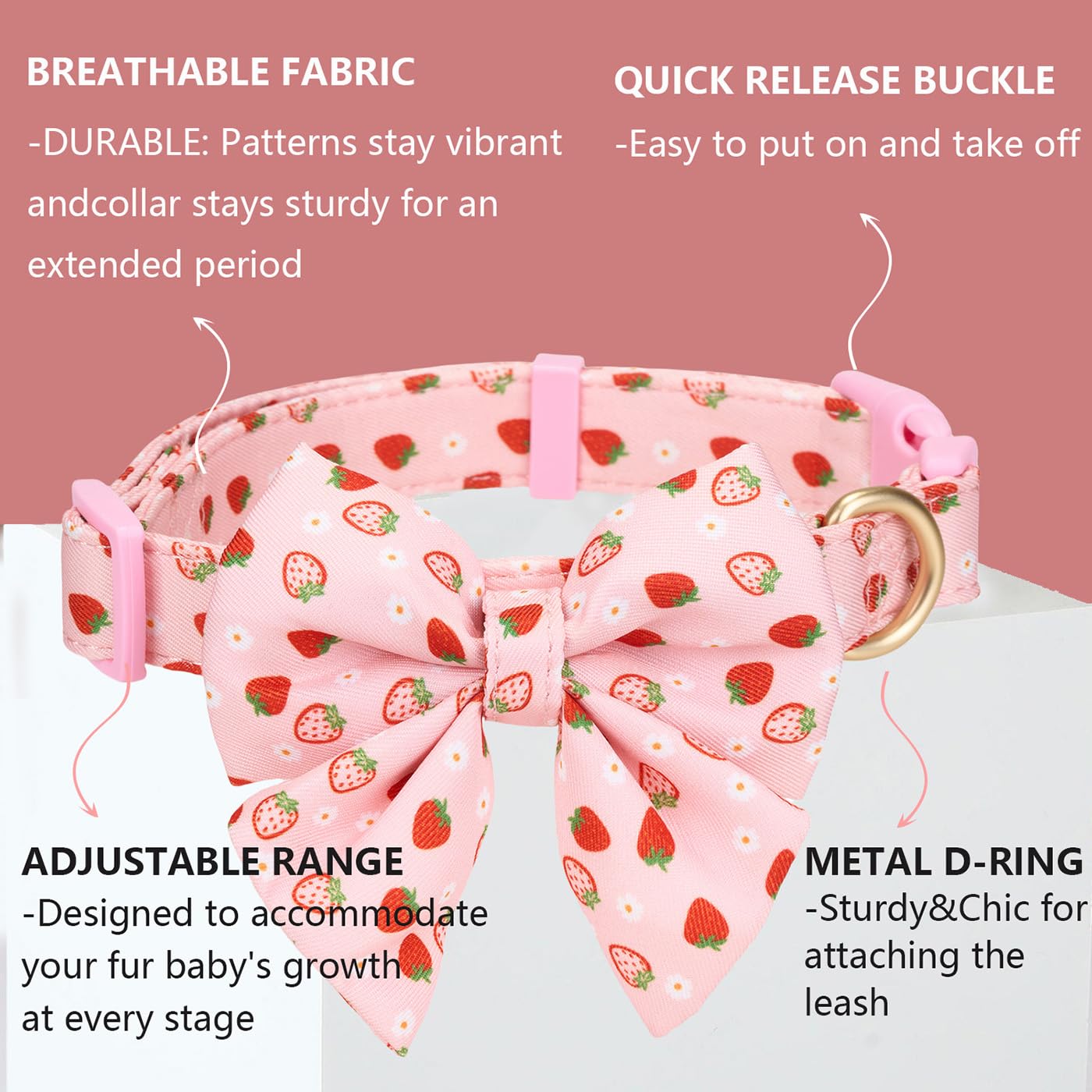 YUDOTE Cute Bowtie Dog Collar Adjustable Dog Bow Tie Pink Strawberry Collars for Small Medium Large Female Girl Dogs Gift