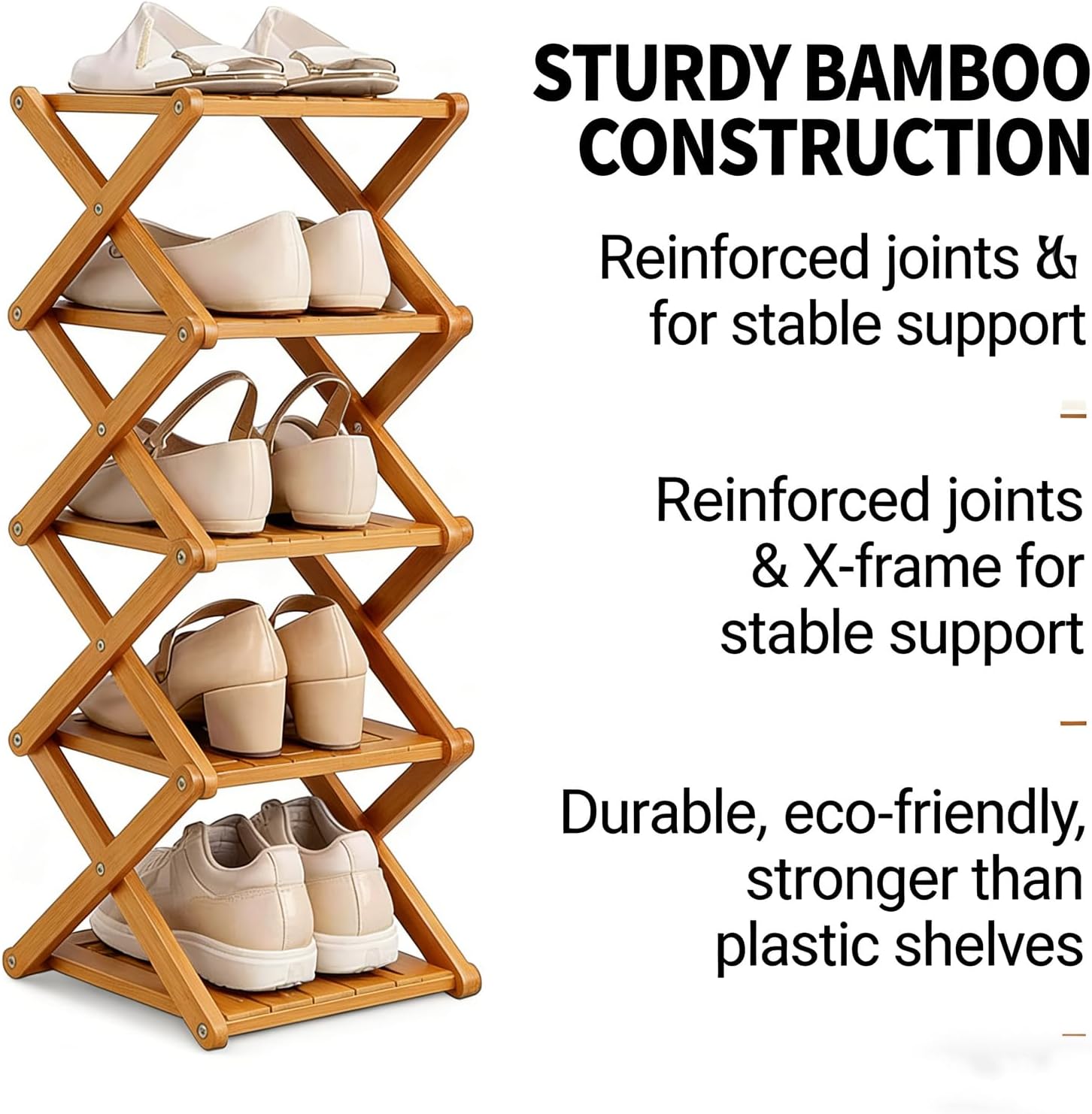 Bamboo Shoe Rack Vertical Foldable Shoe Organizer, Narrow Tall Shoe Shelf for Entryway Closet Corner, Free Standing Wooden Shoe Storage Rack Space Saving Multi Tier Shoe Rack (Brown, 7 Layers)