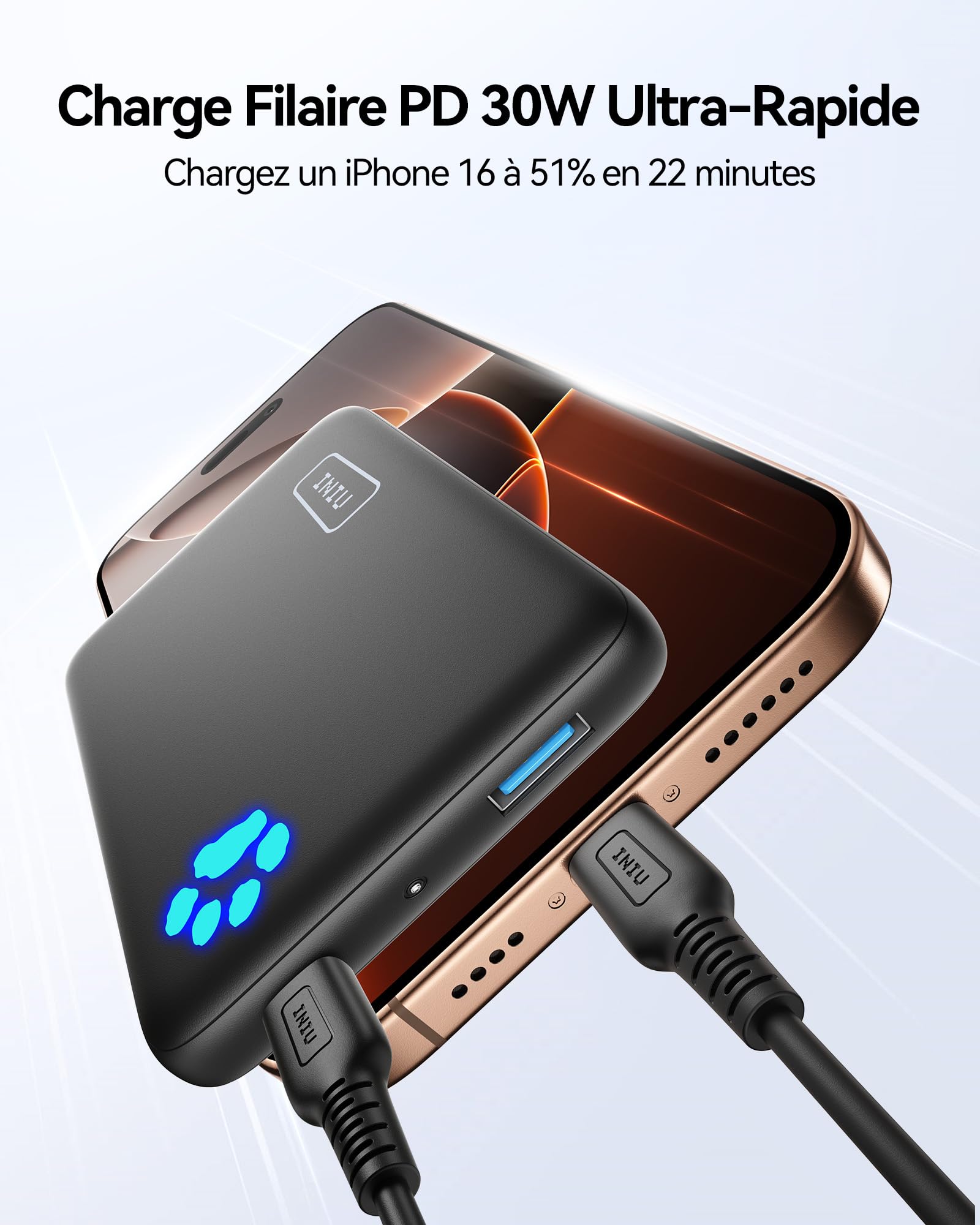 INIU 30W Magnétique Batterie Externe, Qi2 Certified Fil 10000mAh Charge Rapide Power Bank, PD 30W Mini Chargeur Portable avec Entrée et Sortie USB-C pour iPhone 16/15/14/13/12/Pro/Max